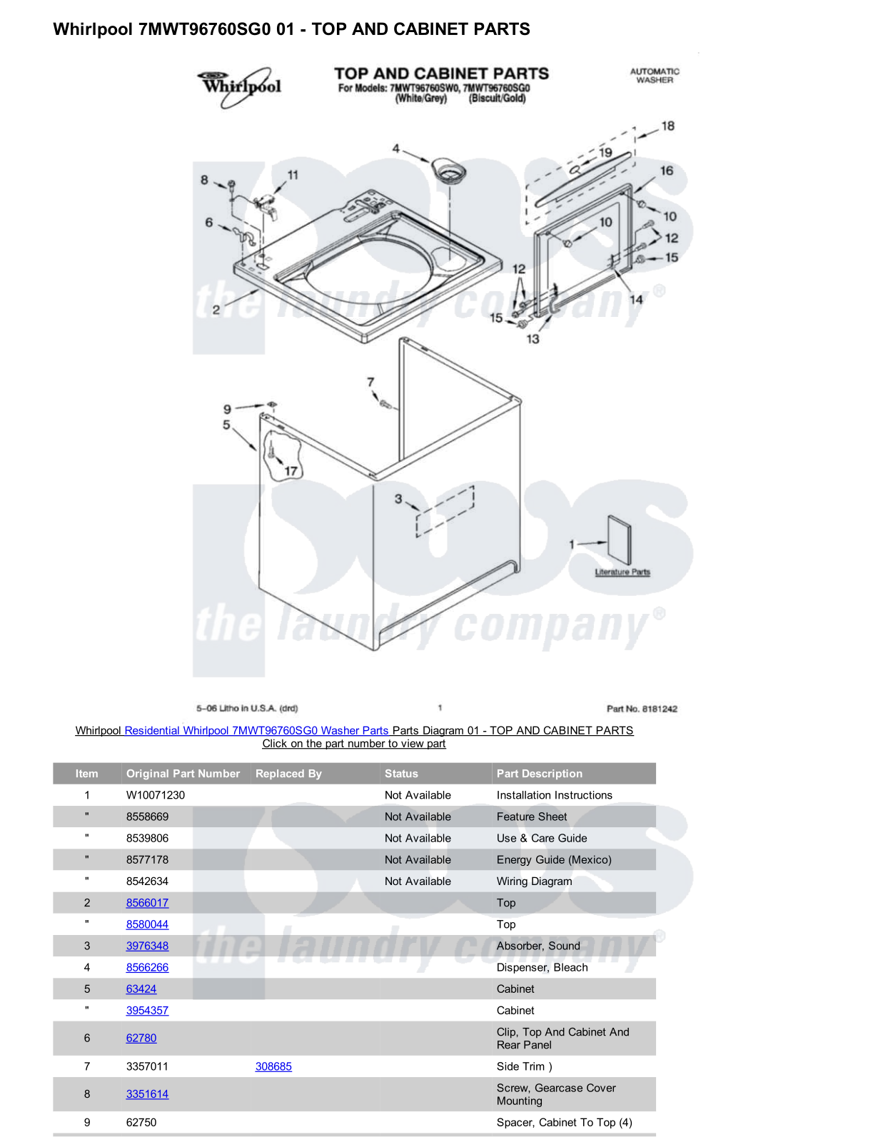 Whirlpool 7MWT96760SG0 Parts Diagram