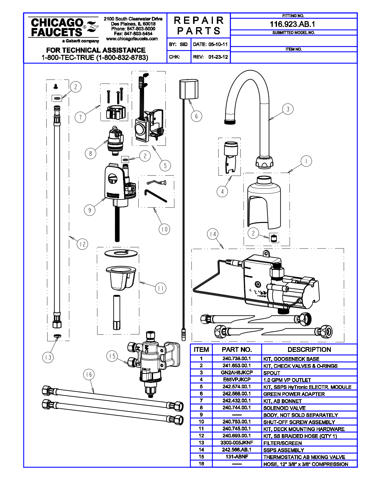 Chicago Faucet 116.923.AB.1 Parts List