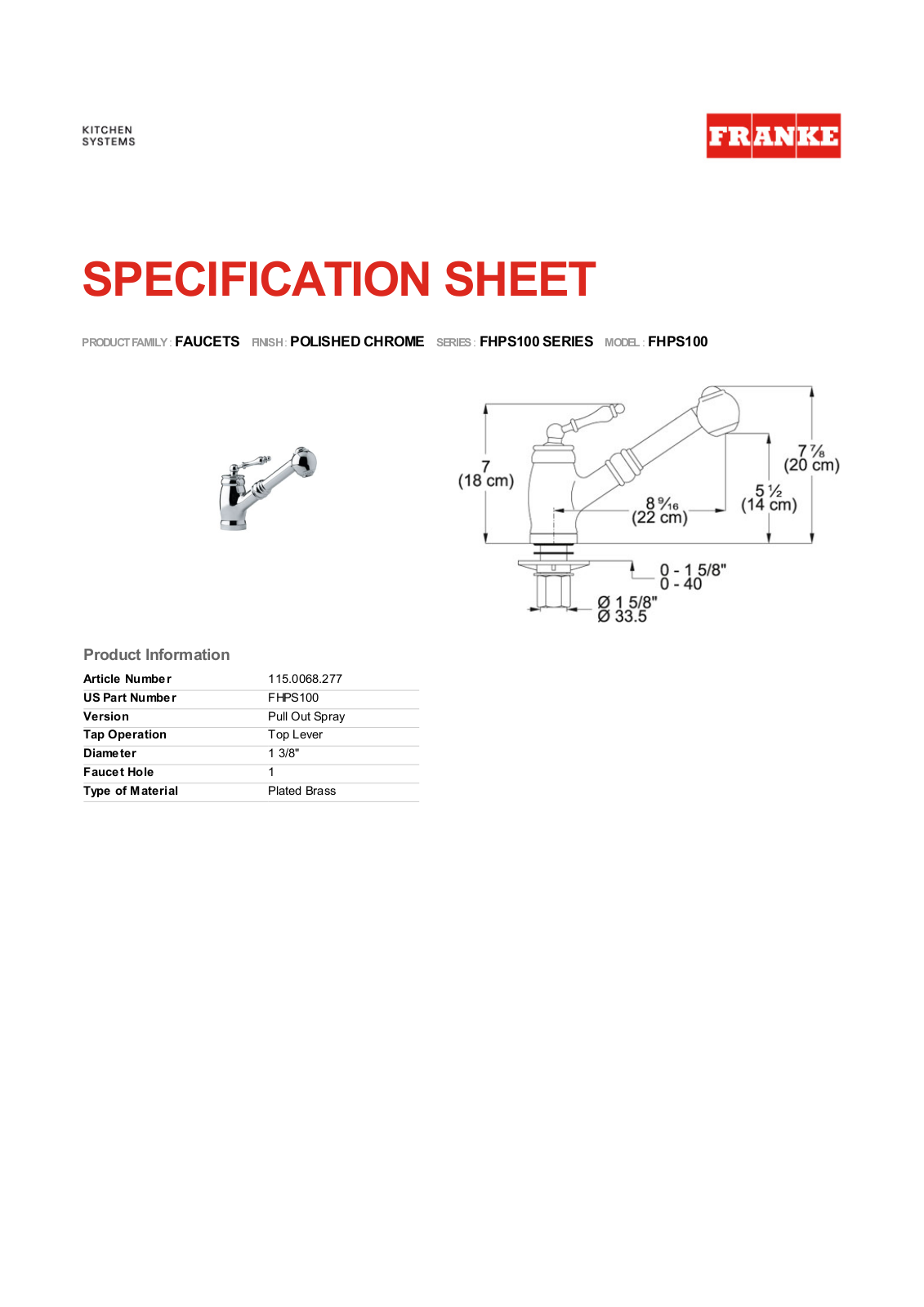 Franke Foodservice FHPS100 User Manual