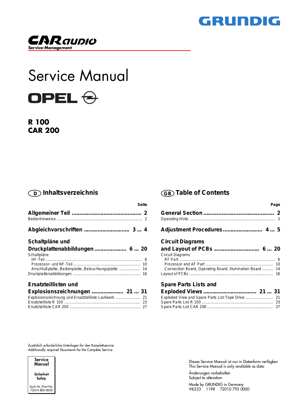 Grundig CAR 200, R 100 Service Manual