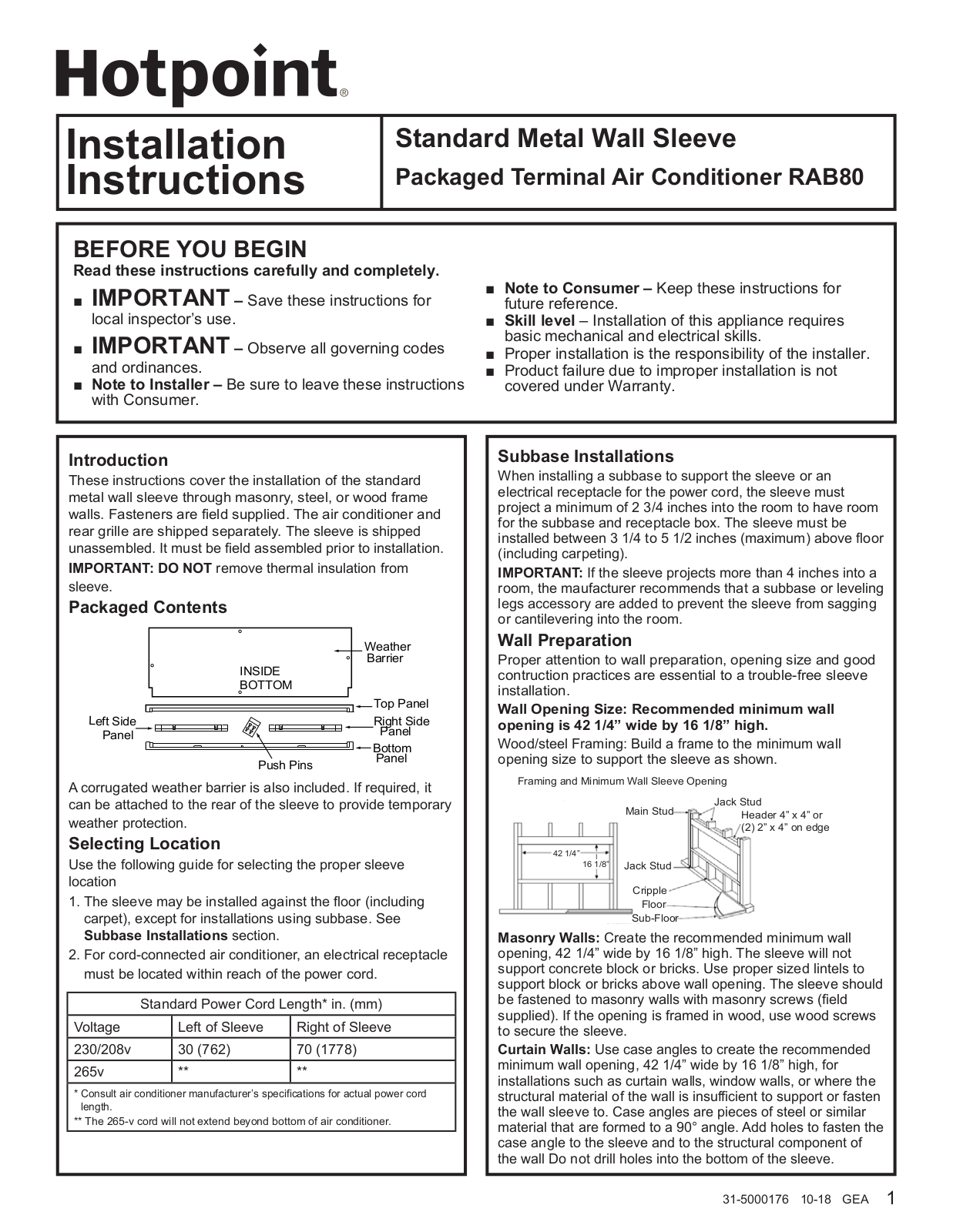 Hotpoint RAB80 Installation Instructions Manual