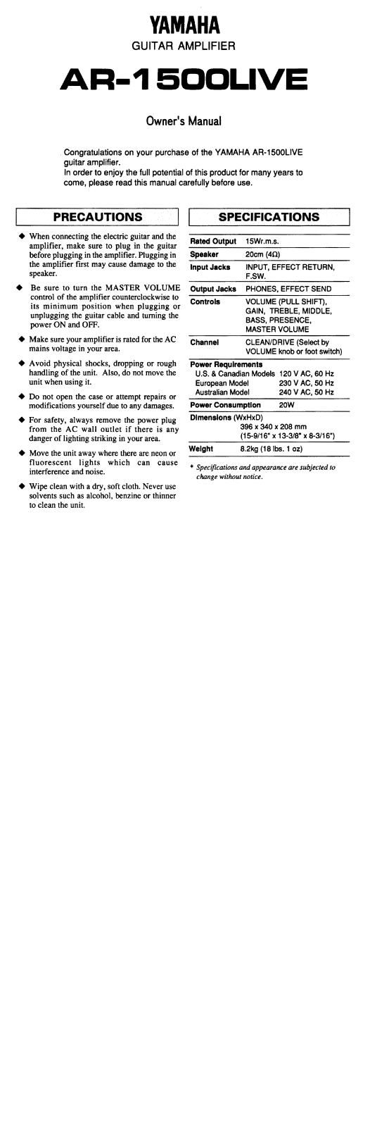 YAMAHA AR-1500LIVE User Manual