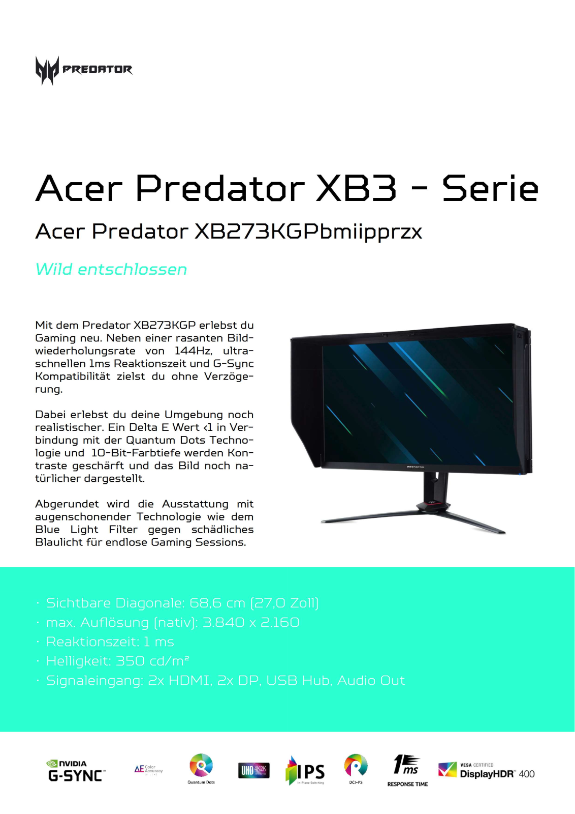 Acer XB273KGPbmiipprzx User Manual