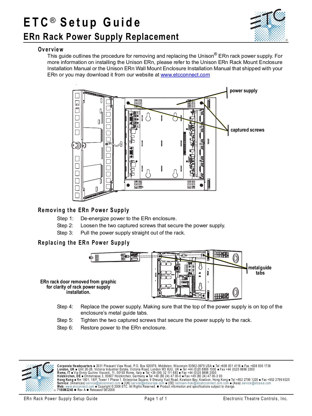 ETC Unison ERn Rack Power Supply User Manual