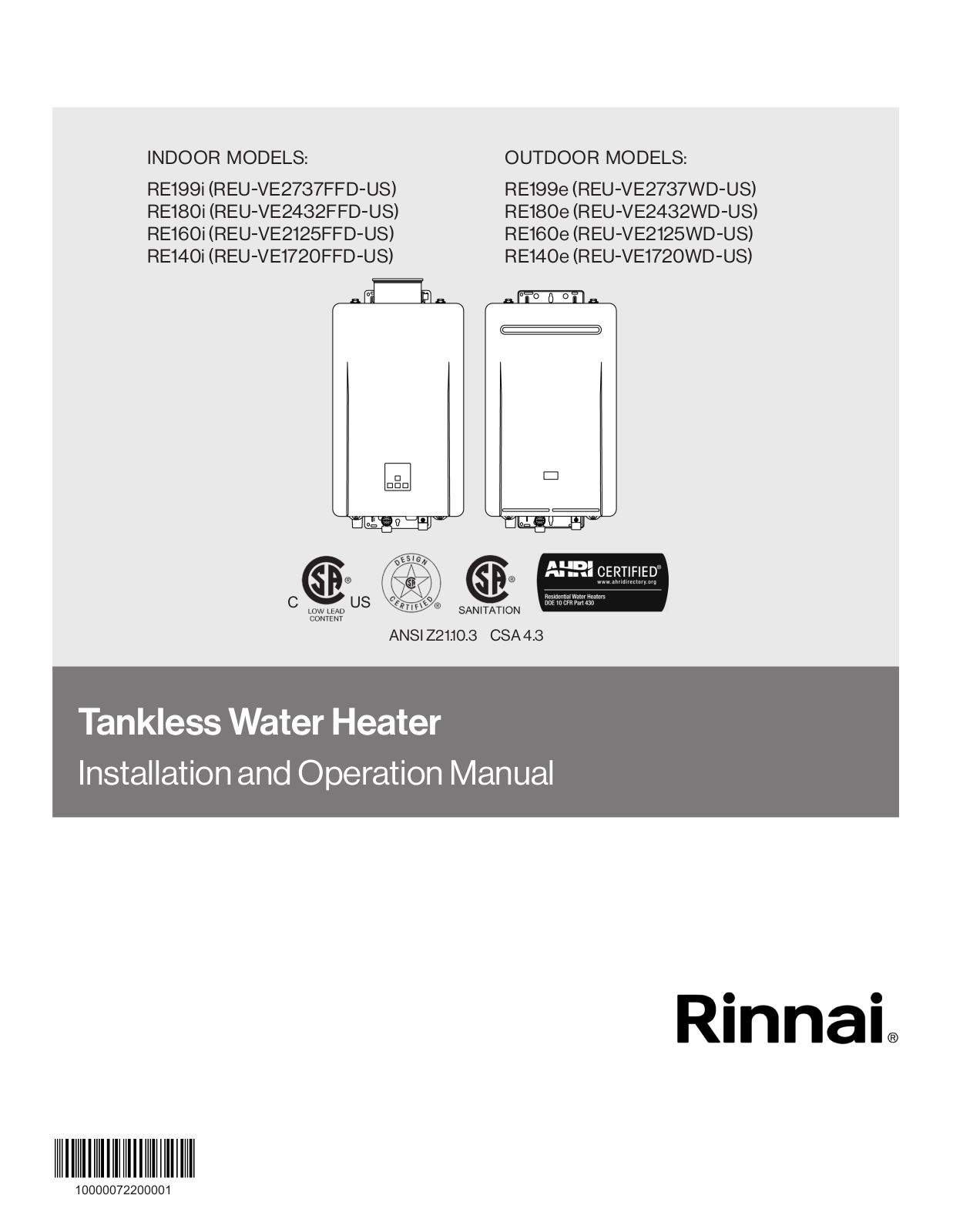 Rinnai VE180i, VE160i, VE140i, VE199e, VE180e User Guide - ManualMachine.com