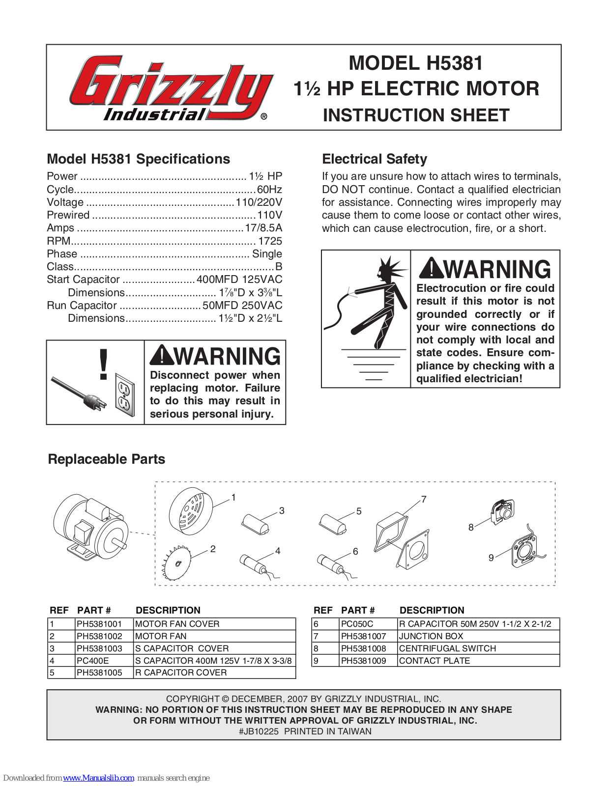 Grizzly H5381 Instruction Sheet