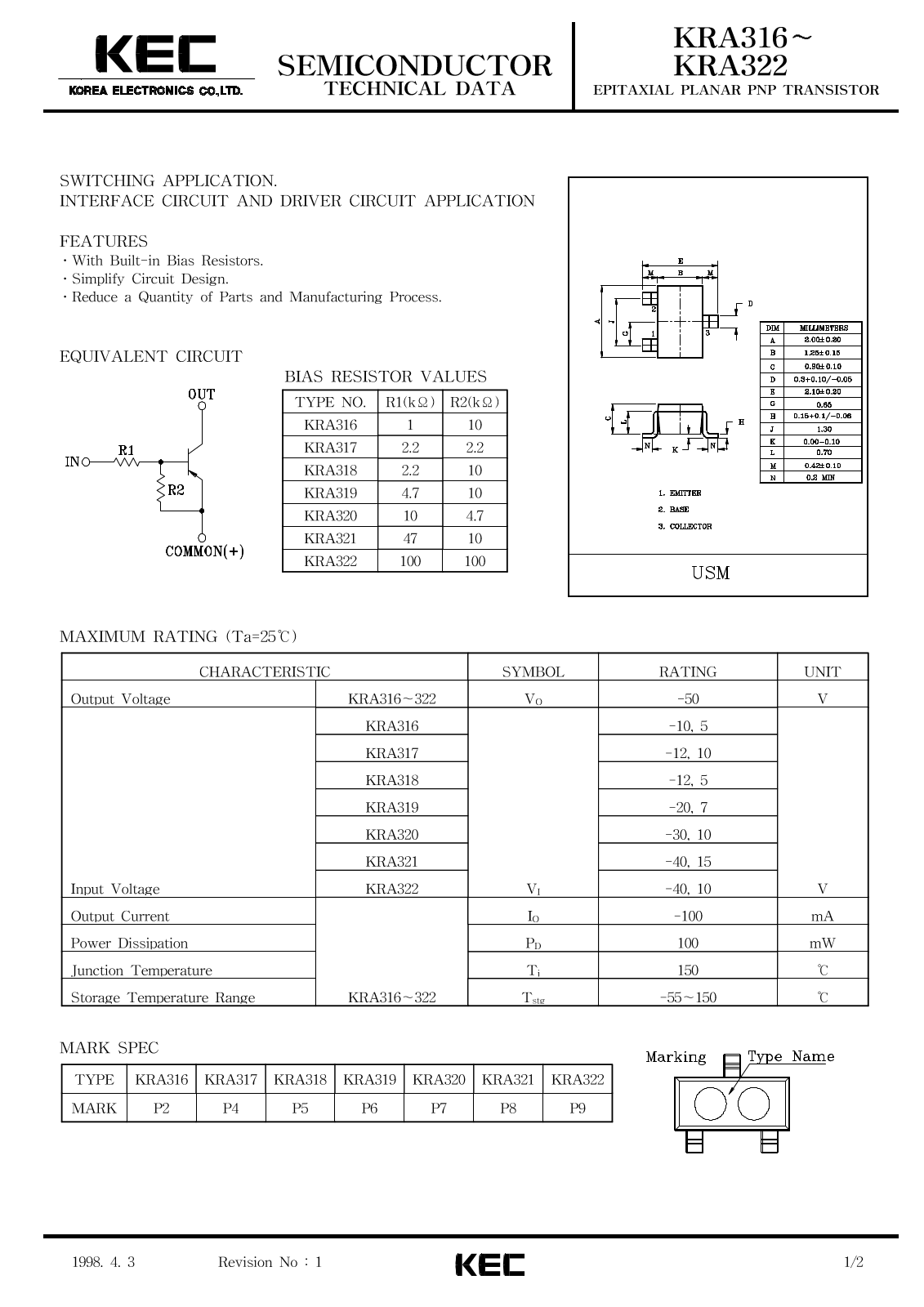 KEC KRA322, KRA321, KRA320, KRA317, KRA316 Datasheet