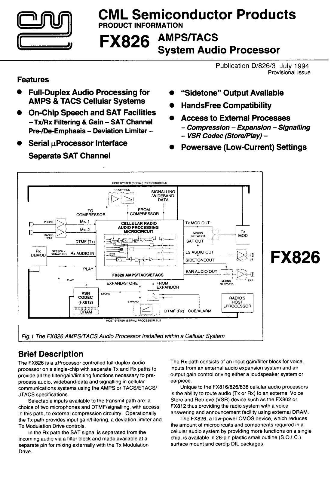 Consumer Microcircuits Limited FX826J, FX826DW Datasheet