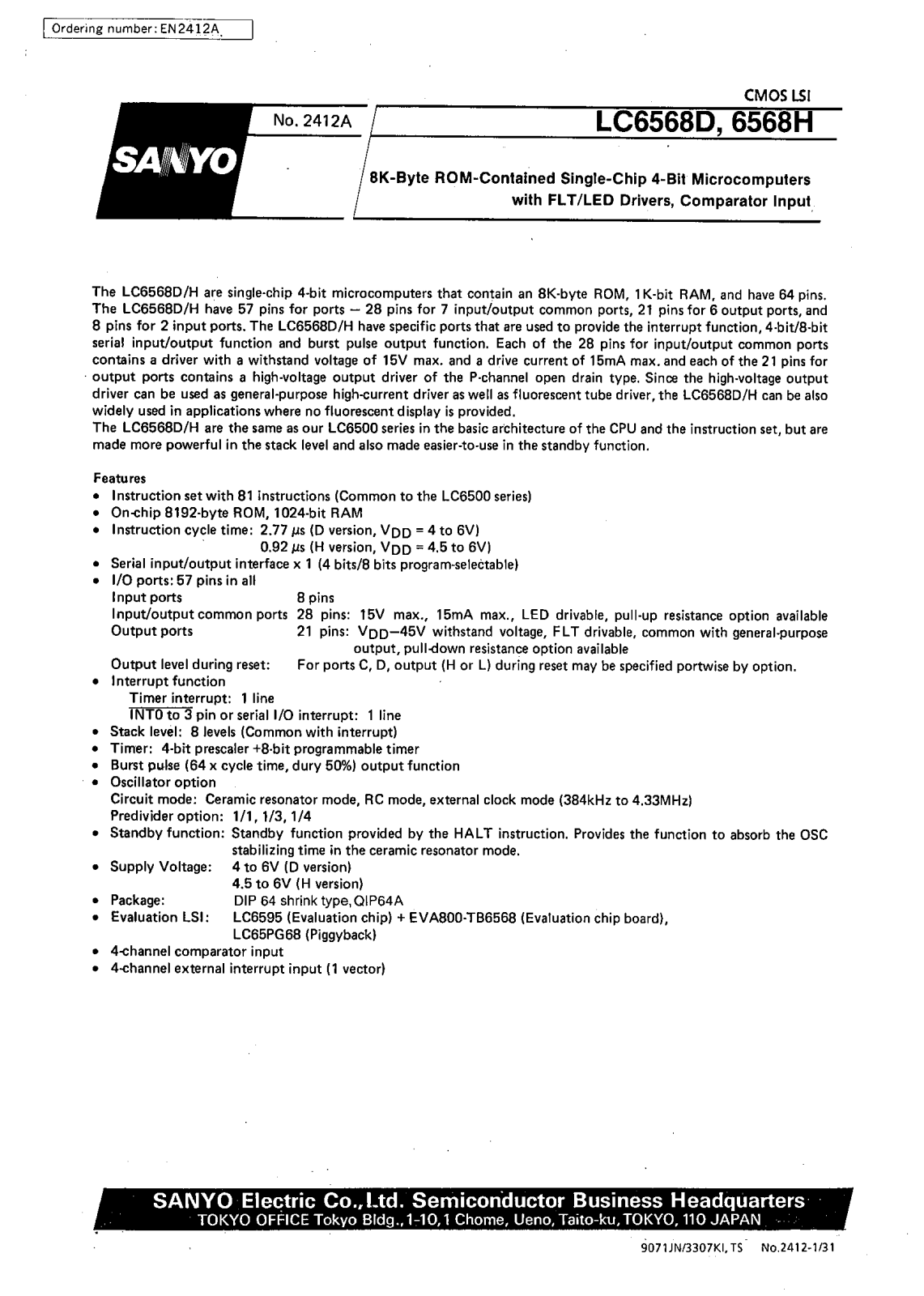 SANYO LC6568H, LC6568D Datasheet