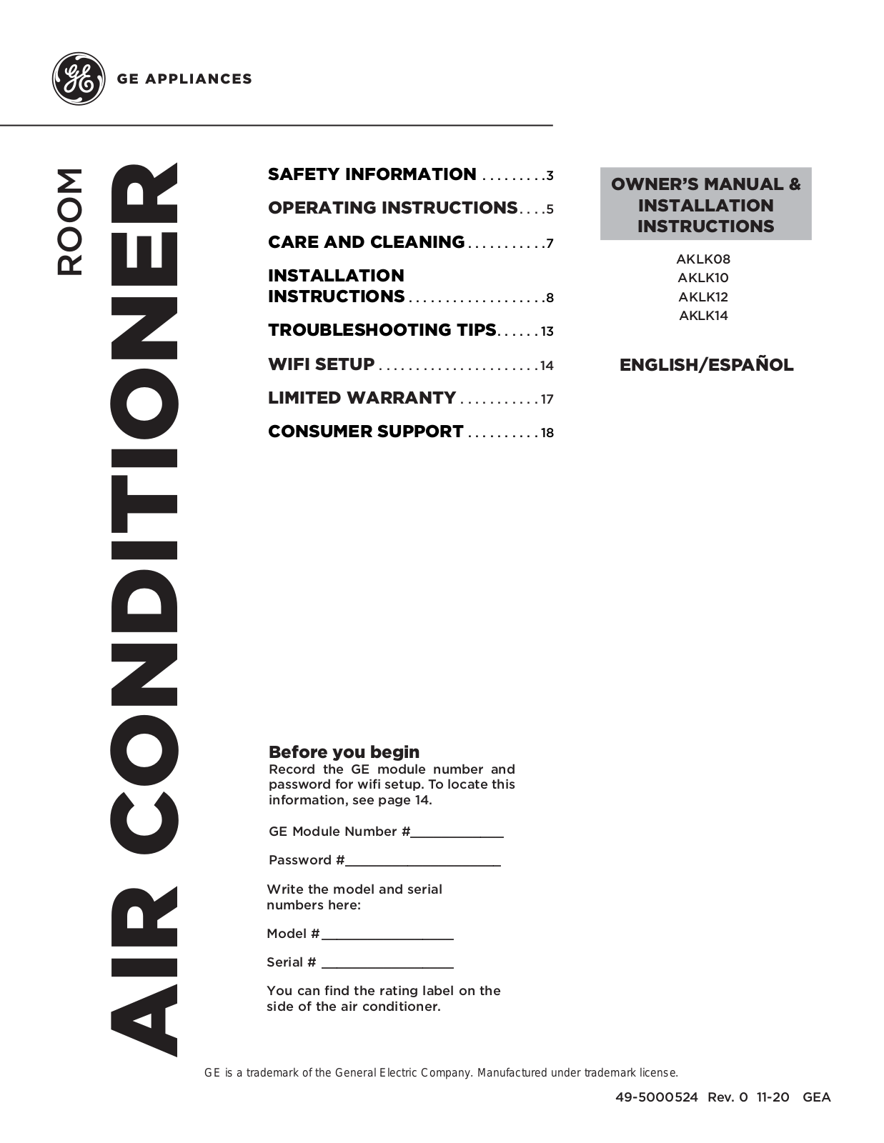 GE AKLK08, AKLK10, AKLK12, AKLK14 Owner’s Manual & Installation Instructions