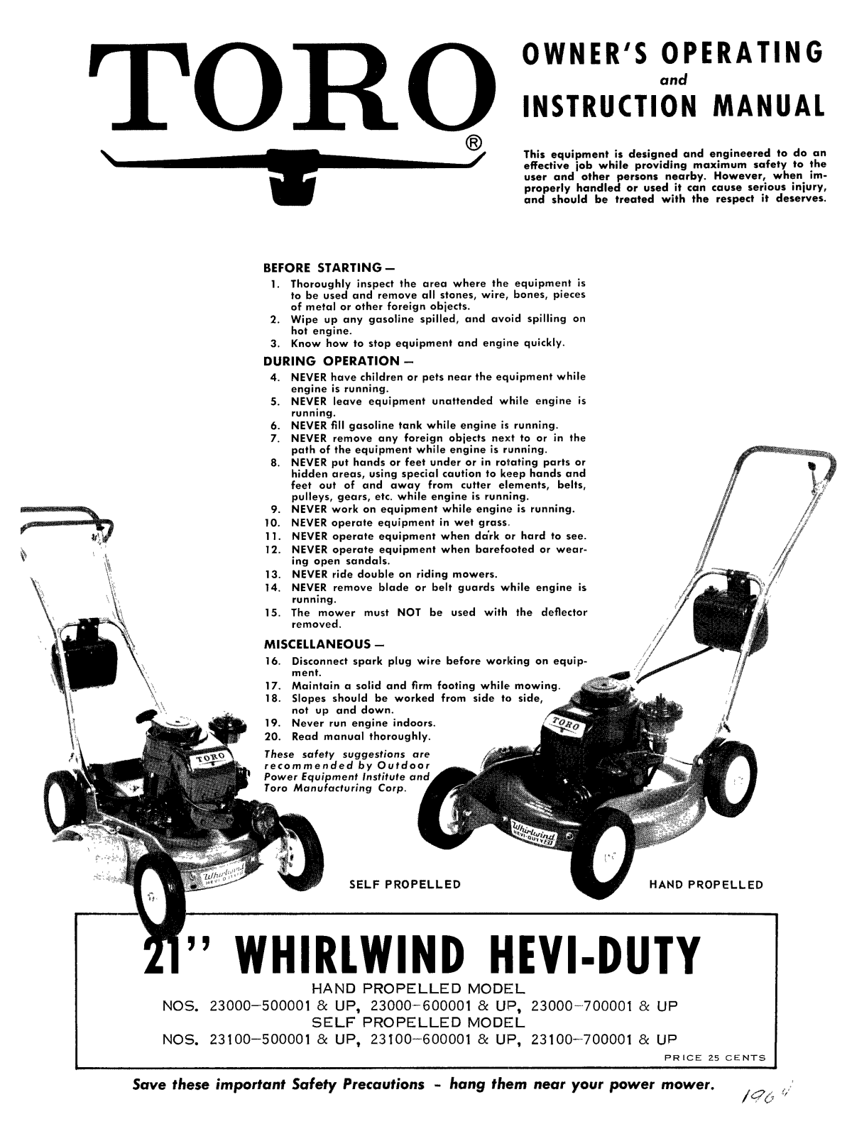 Toro 23000, 23100 Operator's Manual