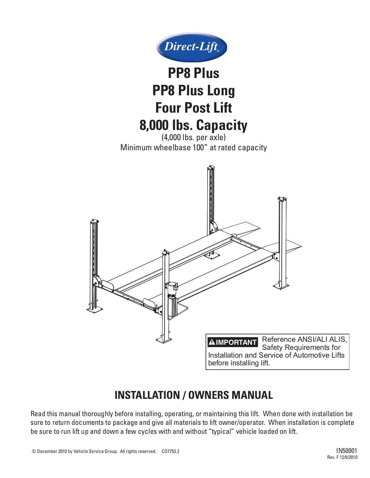 Direct Lift PP8 Plus Long User Manual