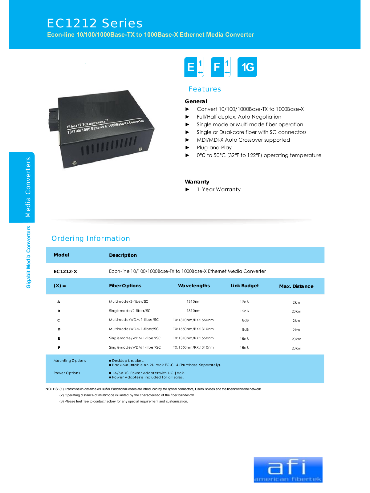 American Fibertek EC1212-F, EC1212-E, EC1212-D, EC1212-C, EC1212-B Specsheet