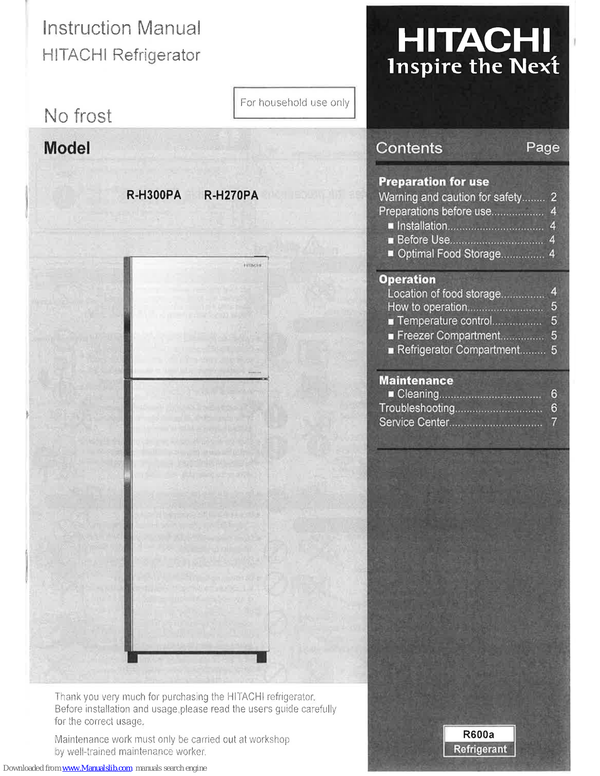 Hitachi R-H300PA, R-H270PA Instruction Manual