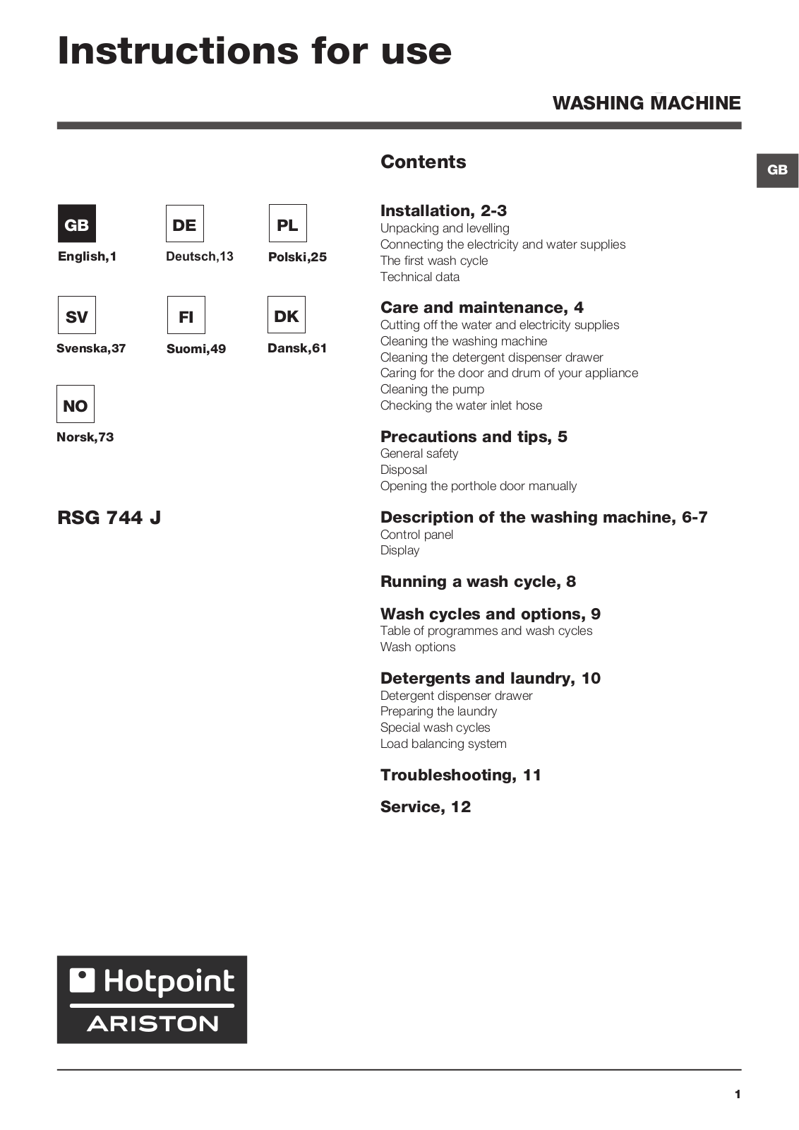 Hotpoint RSG 744 JK EU Operating Instructions