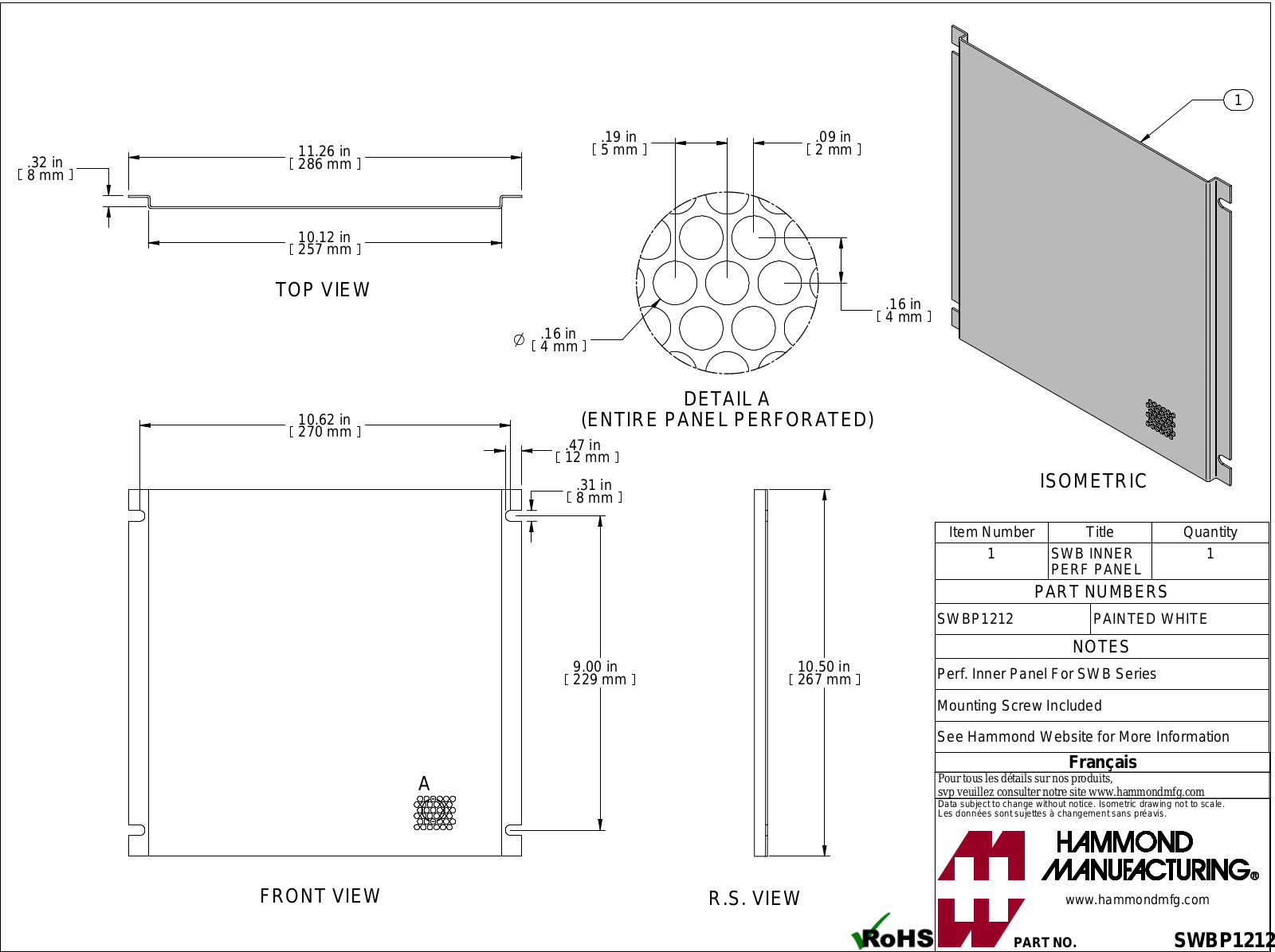 Hammond Manufacturing SWBP1212 technical drawings