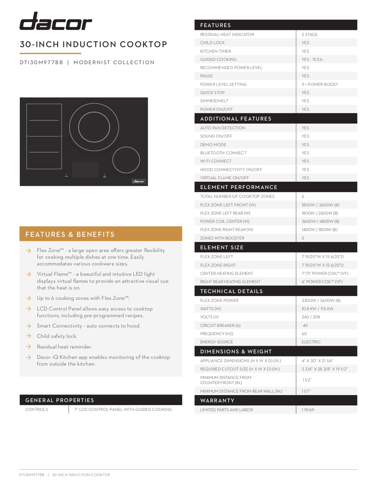 Dacor DTI30M977BB Specifications