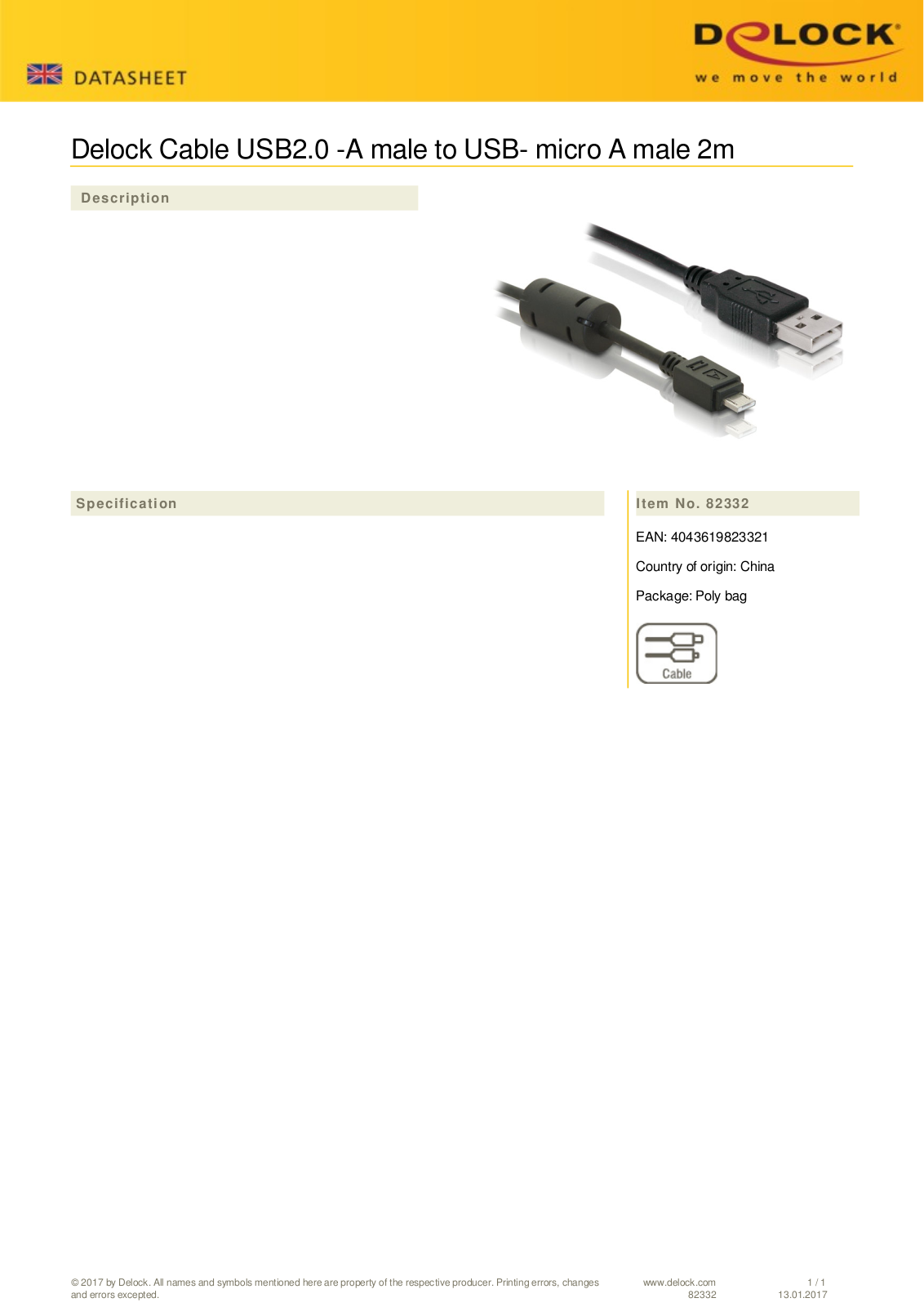 DeLOCK USB-A 2.0 auf USB 2.0 Micro-A Adapterkabel, 2m User Manual