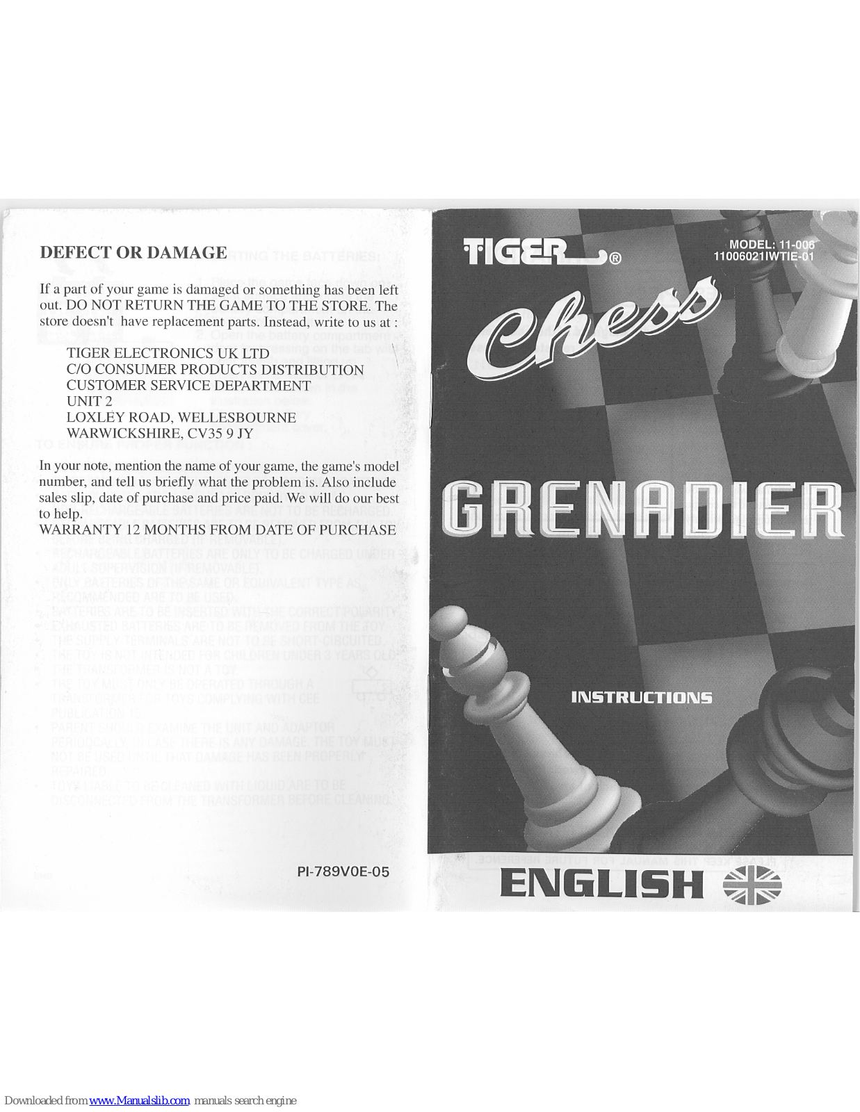 Tiger 11-006, 11-006 Chess Grenadier Instructions Manual