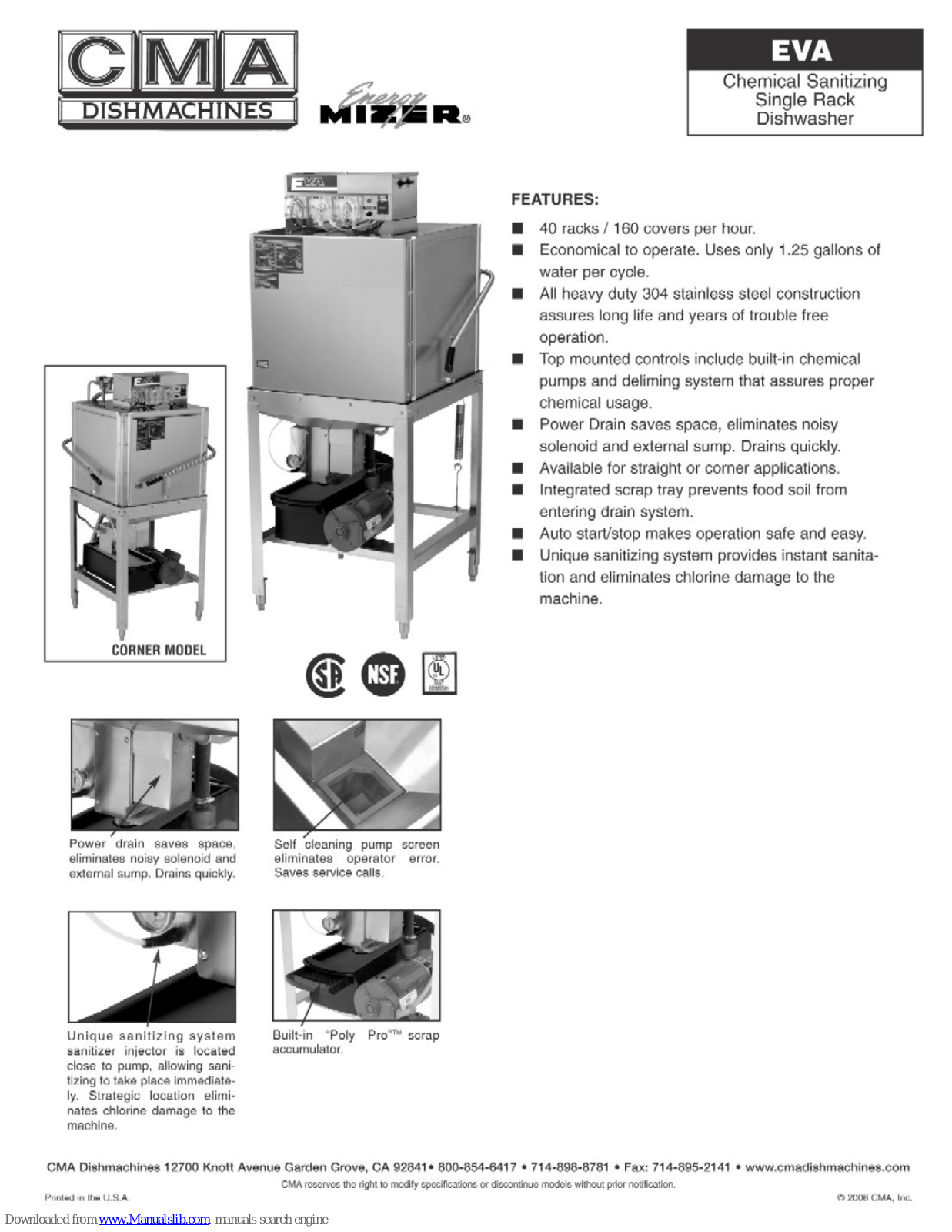 CMA Dishmachines EVA-AH-T, EVA-C, EVA-C-T, EVA-T, Energy Mizer EVA Specifications