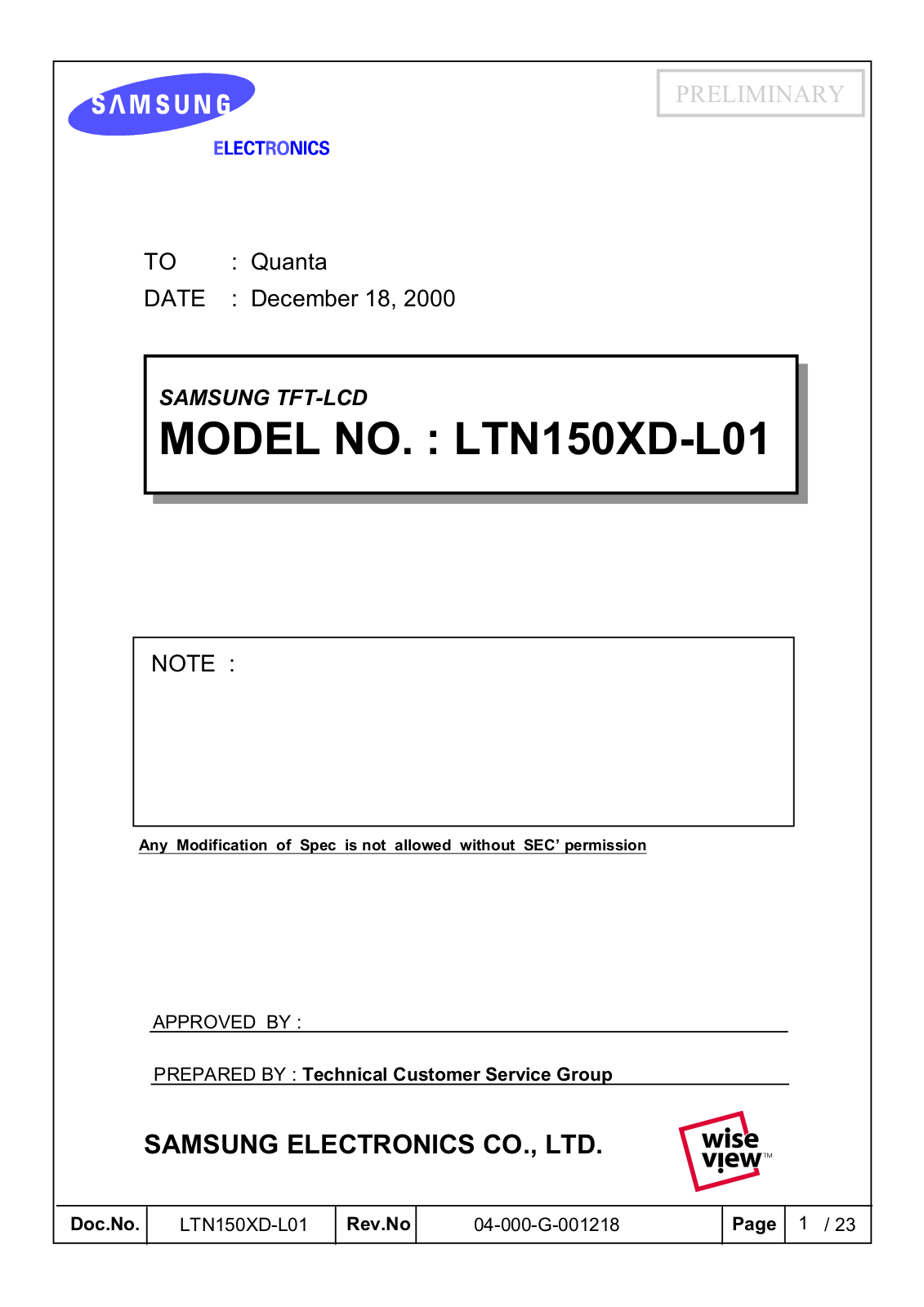 SAMSUNG LTN150XD-L01 Specification