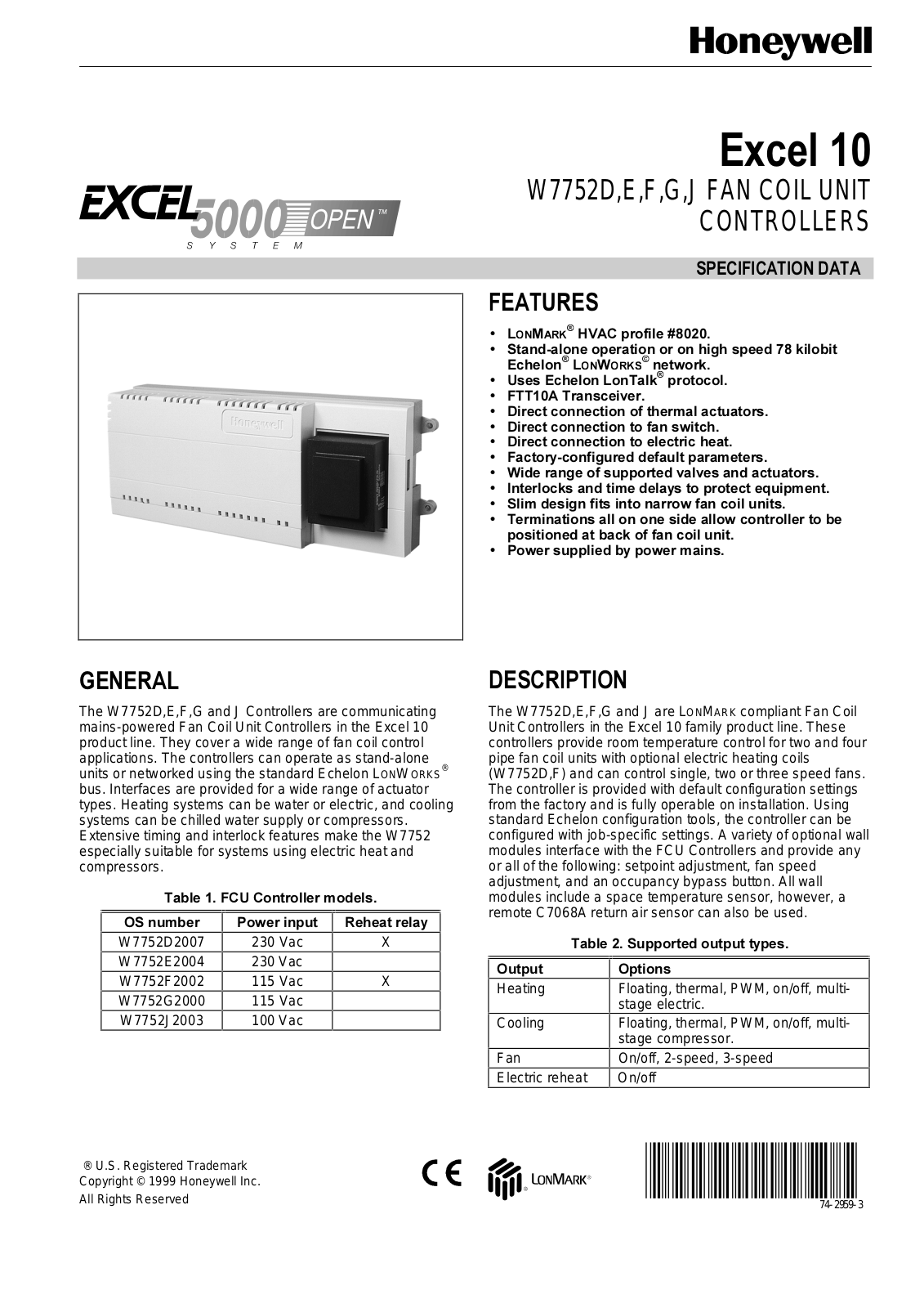 Honeywell W7752F, W7752G, W7752E, W7752J, W7752D SPECIFICATION DATA