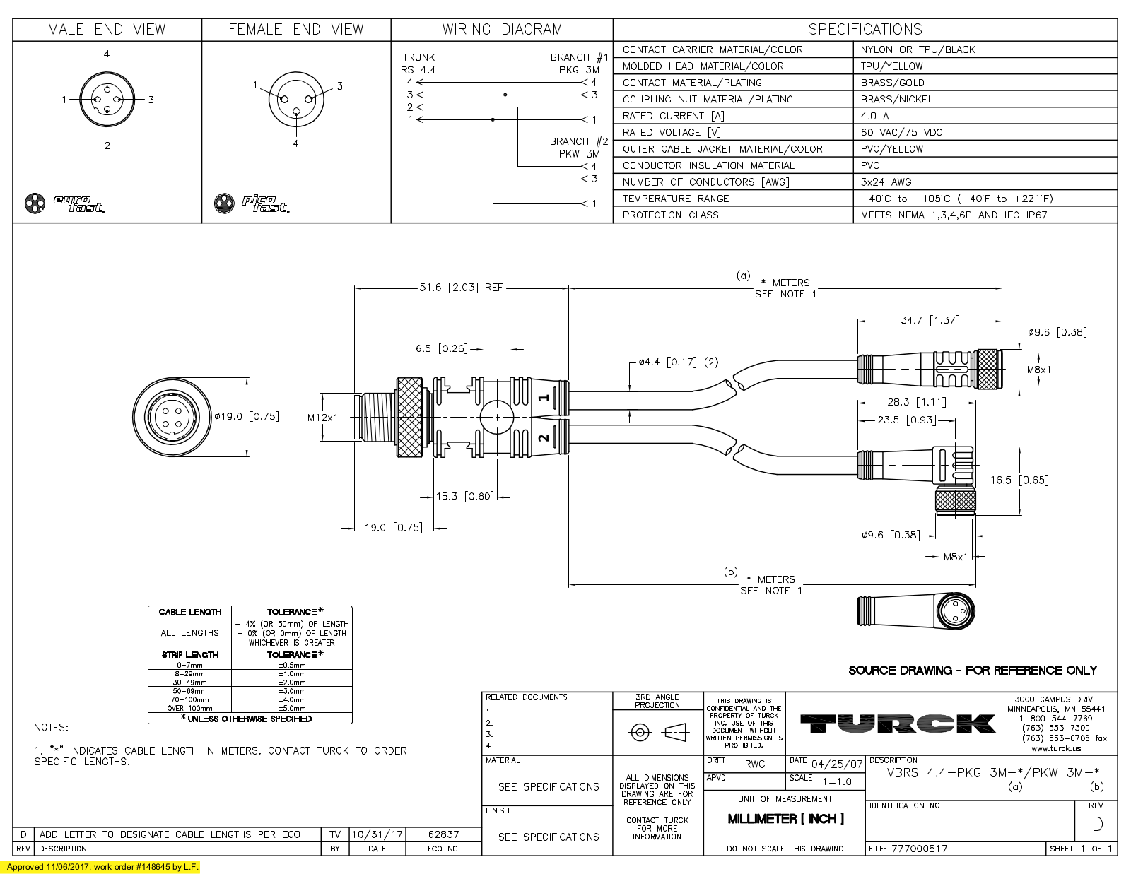 Turck VBRS4.4-PKG3M-1/PKW3M-1 Specification Sheet