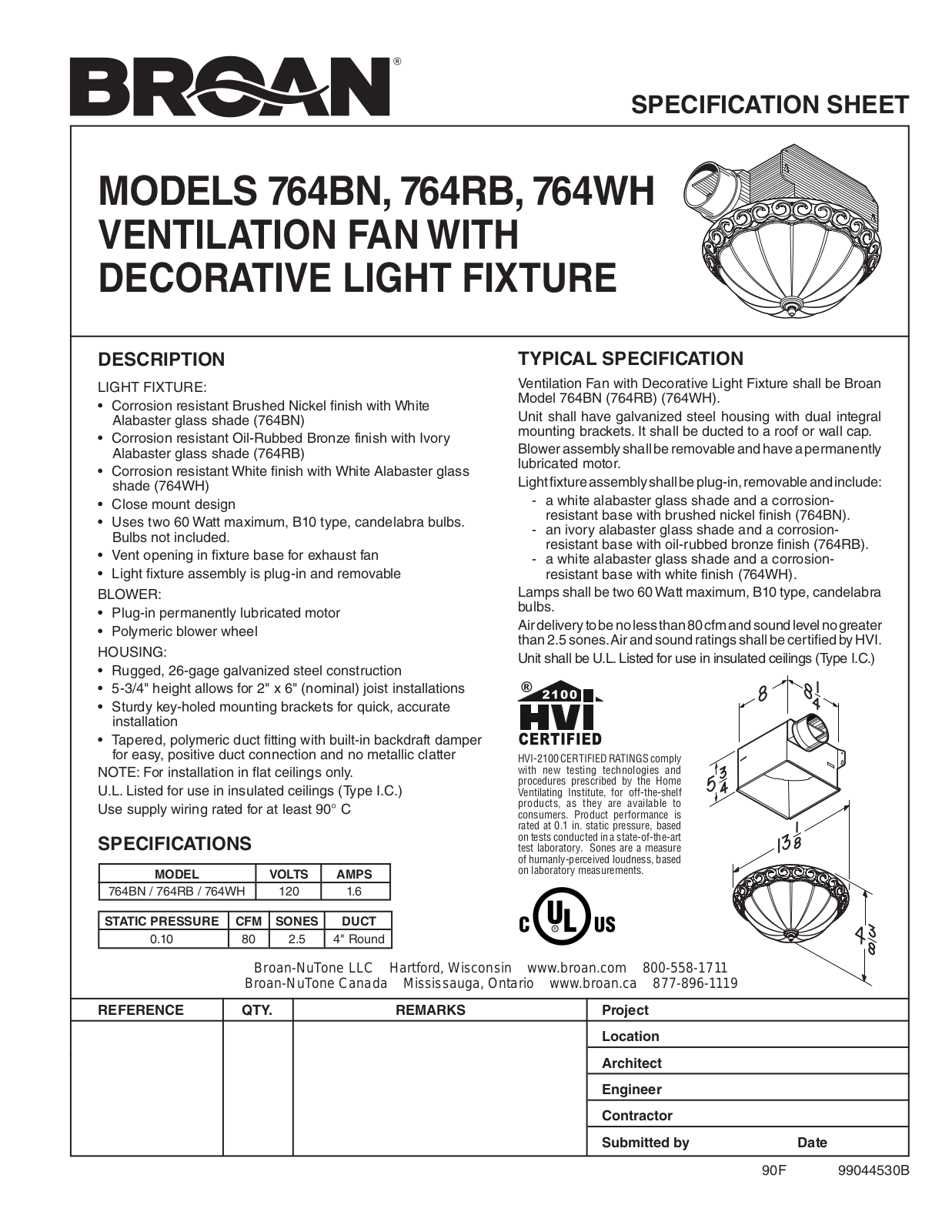 Broan 764bn, 764rb, 764wh Specification Data