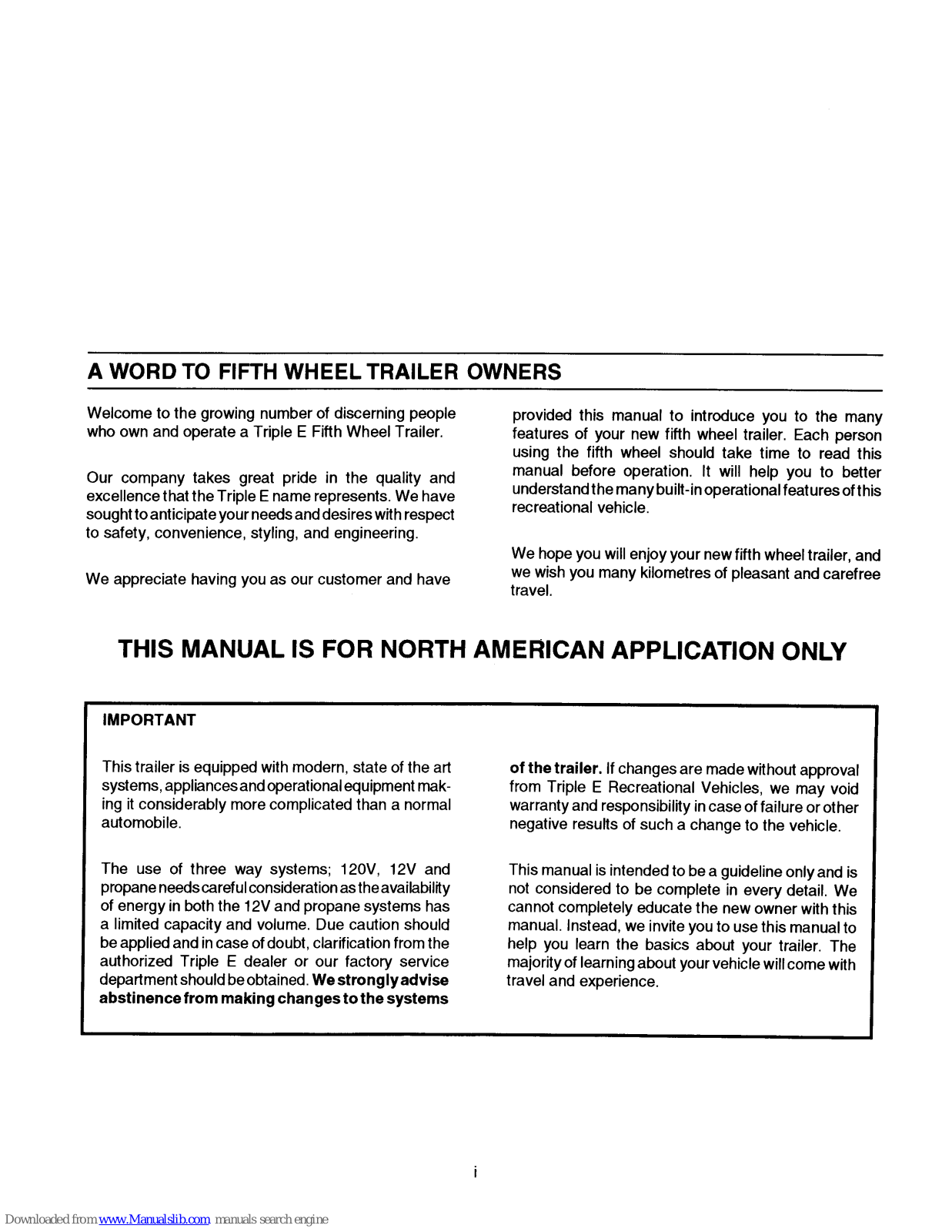 Fifth Wheel Empress A-3501, Empress A-3601, Empress A-3602 Owner's Manual