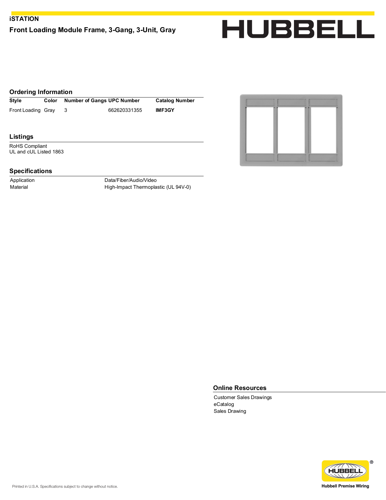 Hubbell IMF3GY Specifications