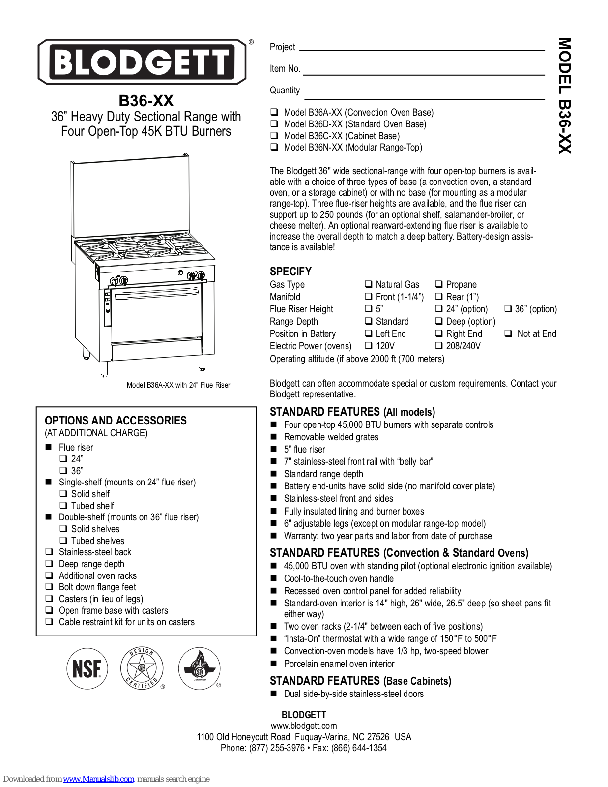 Blodgett B36A, B36C, B36D, B36N Specification Sheet