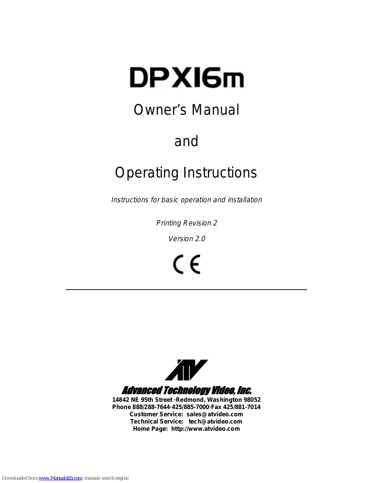 ATV DPX16M Owner's And Operator's Manual