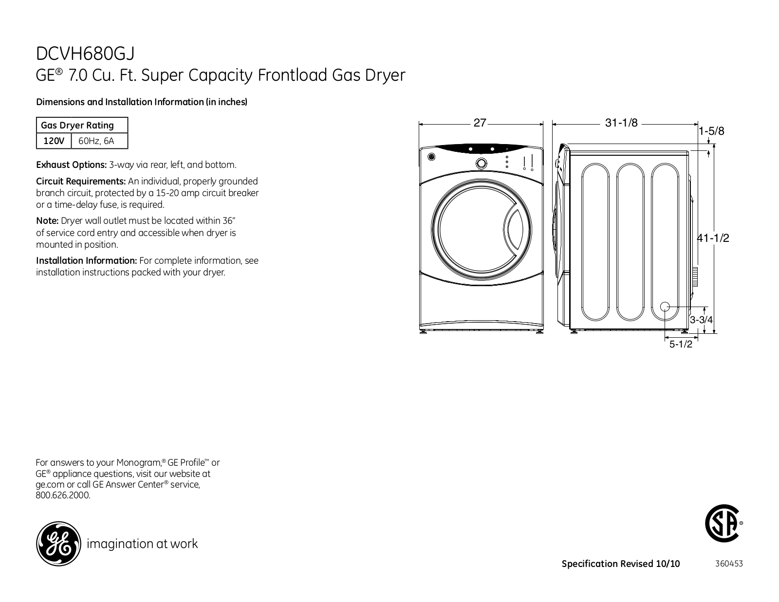 General Electric DCVH680GJBB Specifications