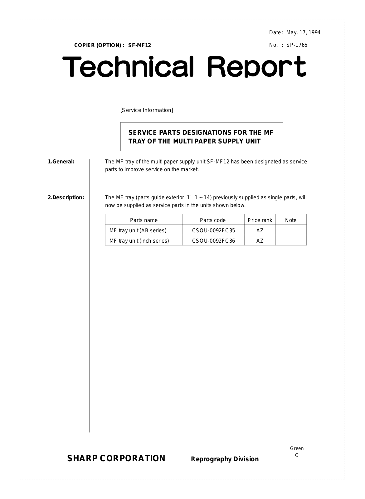 SHARP SP1765 Technical Report