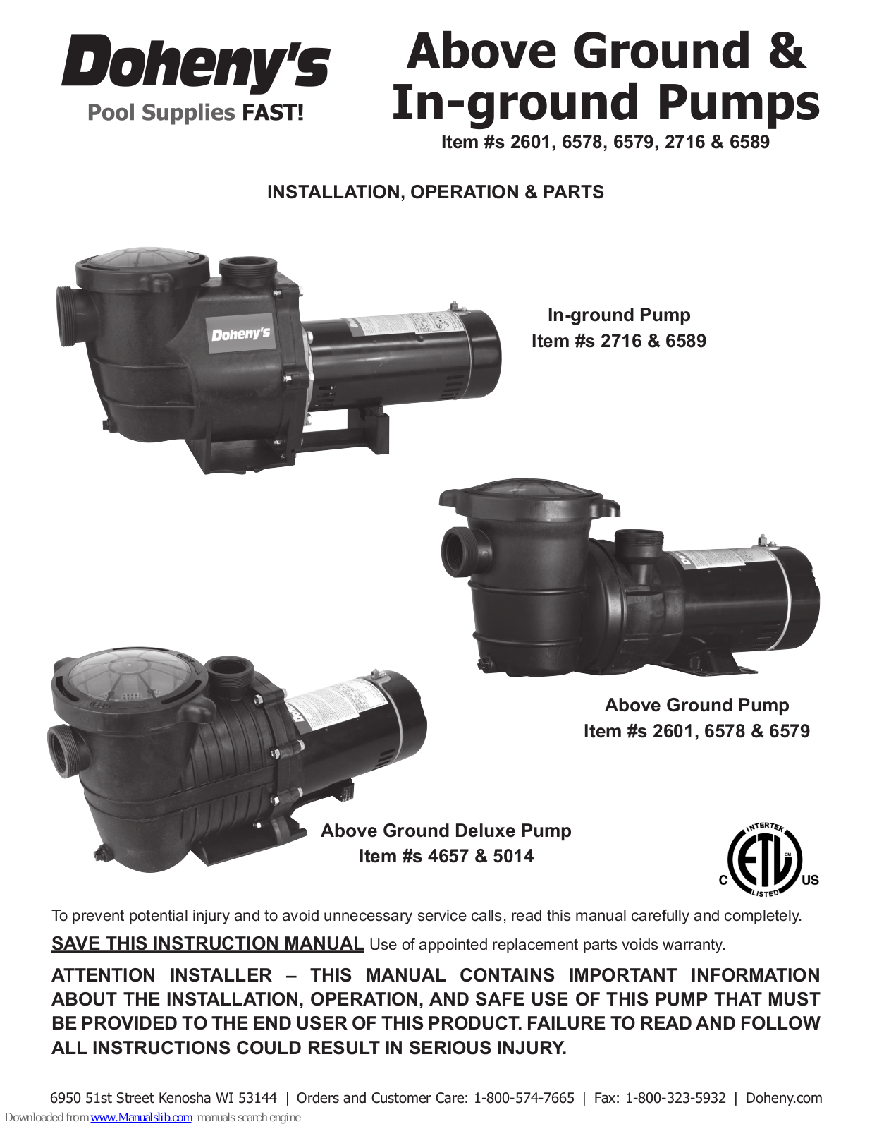 Doheny's 2716, 2601, 6578, 6589, 6579 Installation, Operation & Parts - ManualMachine.com
