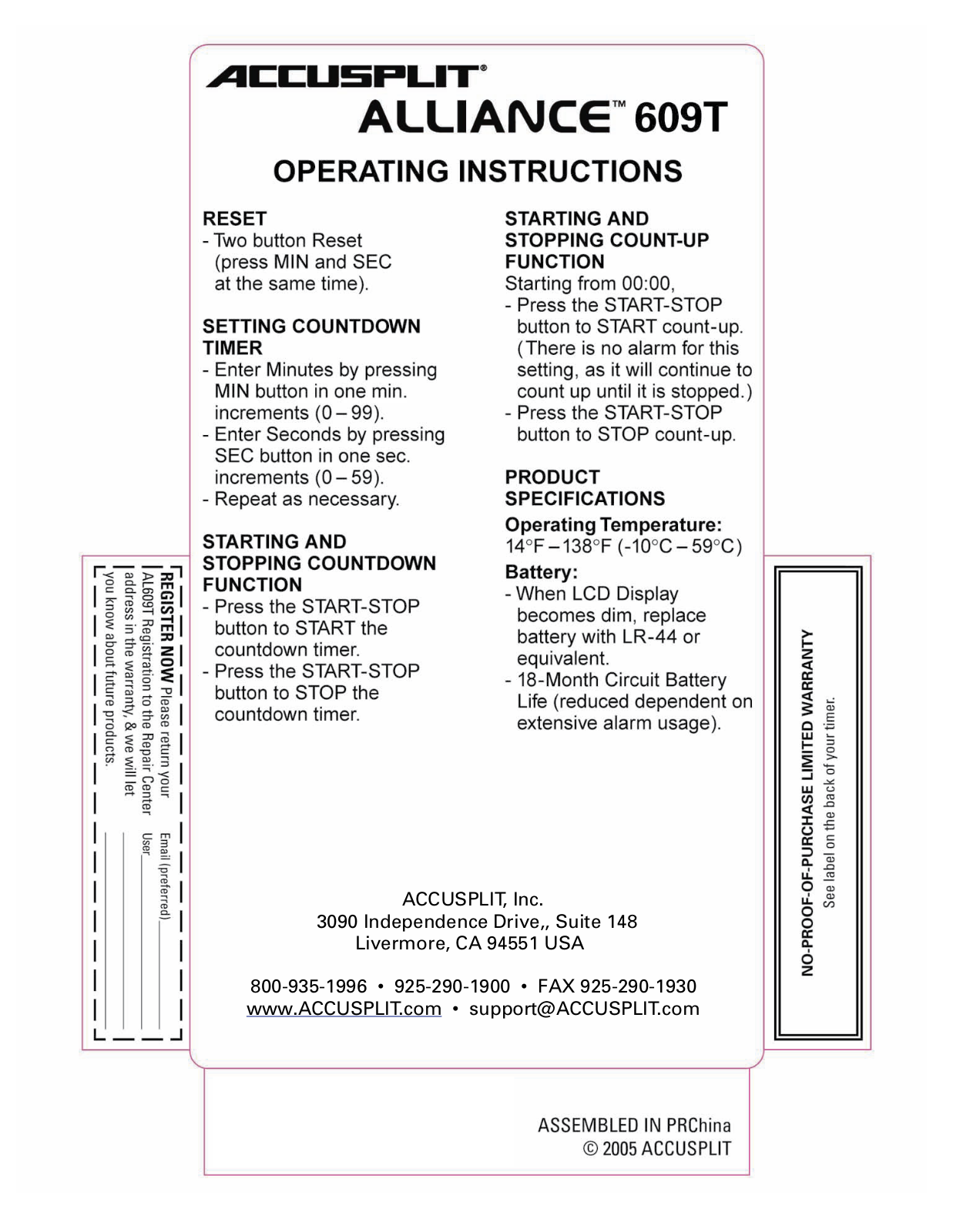 Accusplit AL609T, 609T User Manual