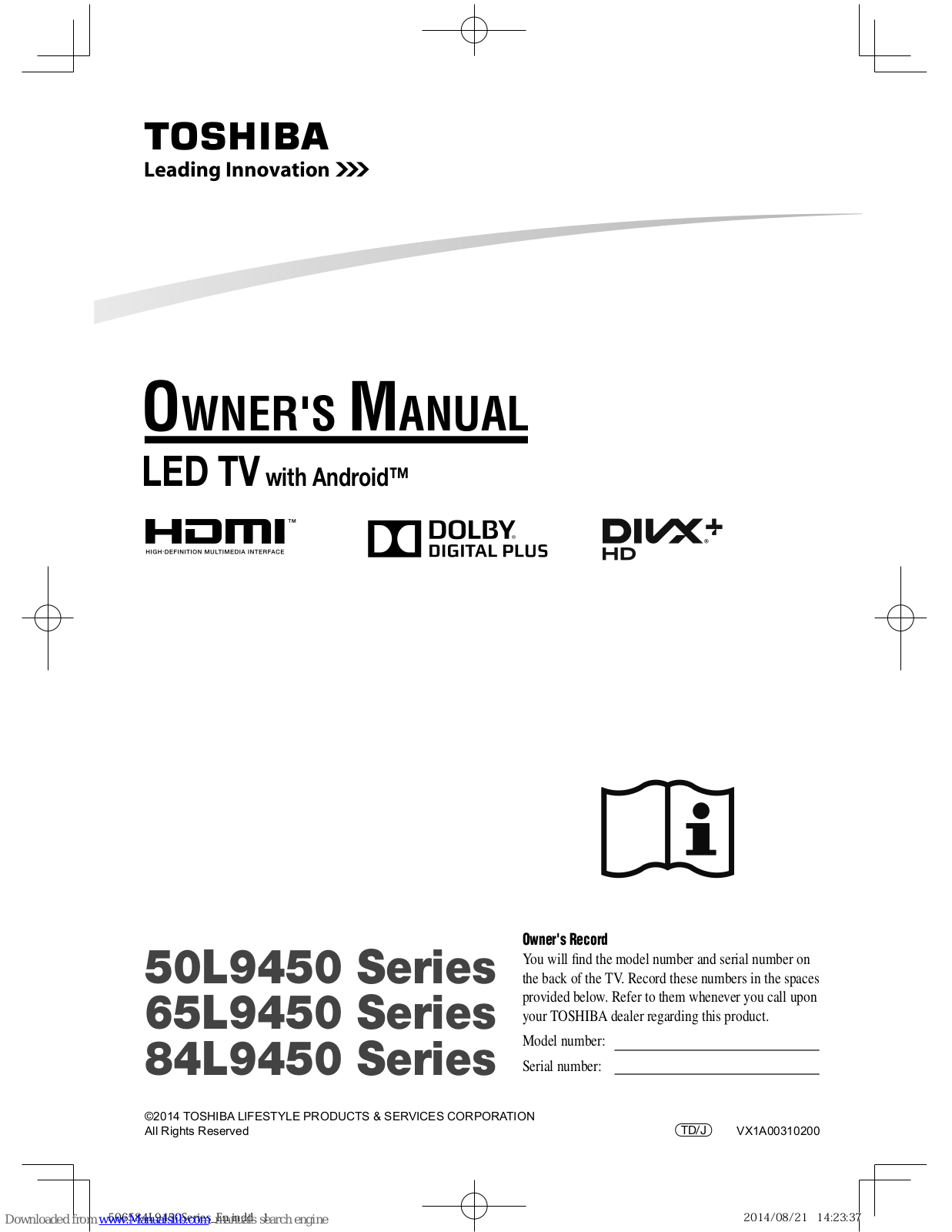 Toshiba 50L9450 Series, 65L9450 Series, 84L9450 Series Owner's Manual