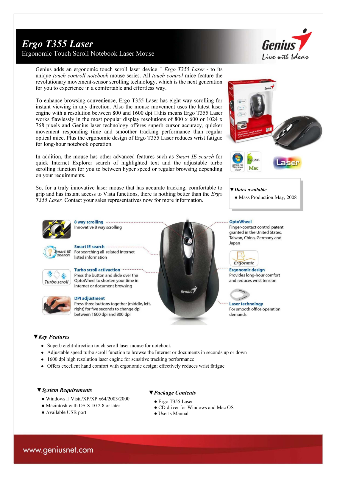 Genius ERGO T355 LASER DATASHEET