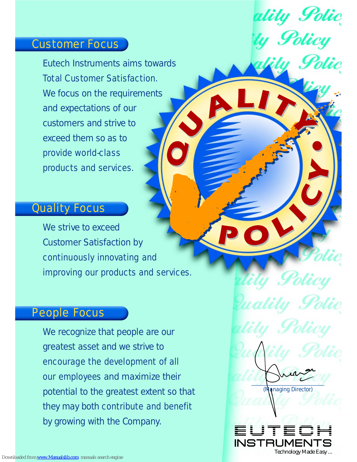 EUTECH INSTRUMENTS QP, QUALITY POLICY User Manual