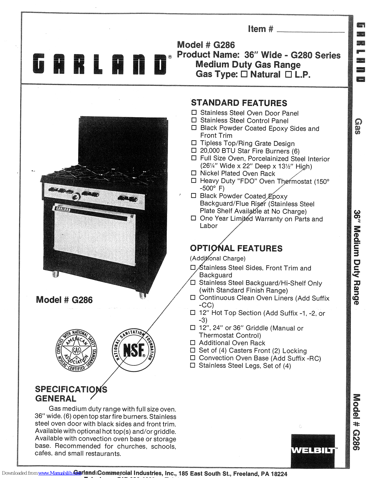 Garland G286 Specification