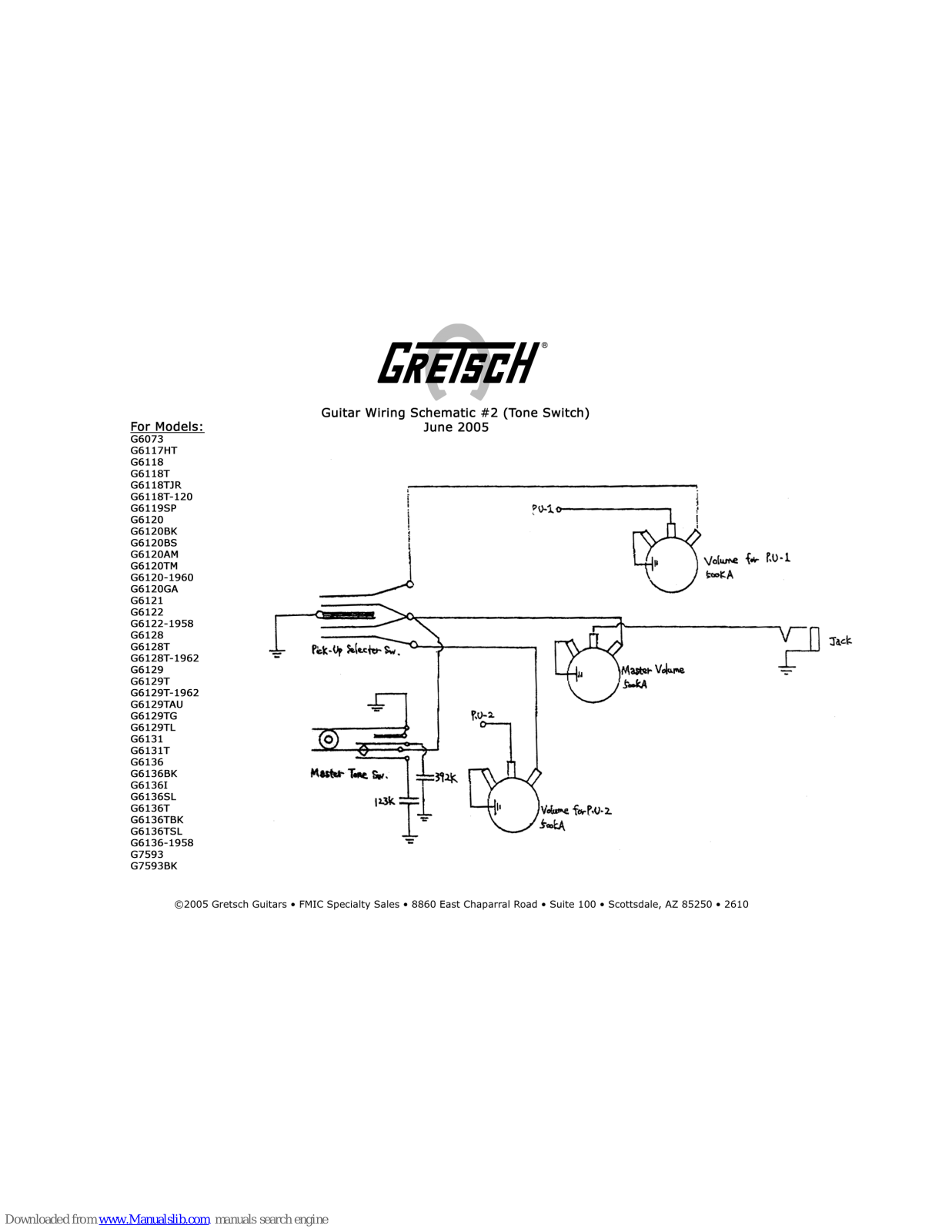 Gretsch G6120-1960, G6120AM, G6120BK, G6120BS, G6120GA Wiring Schematic - ManualMachine.com