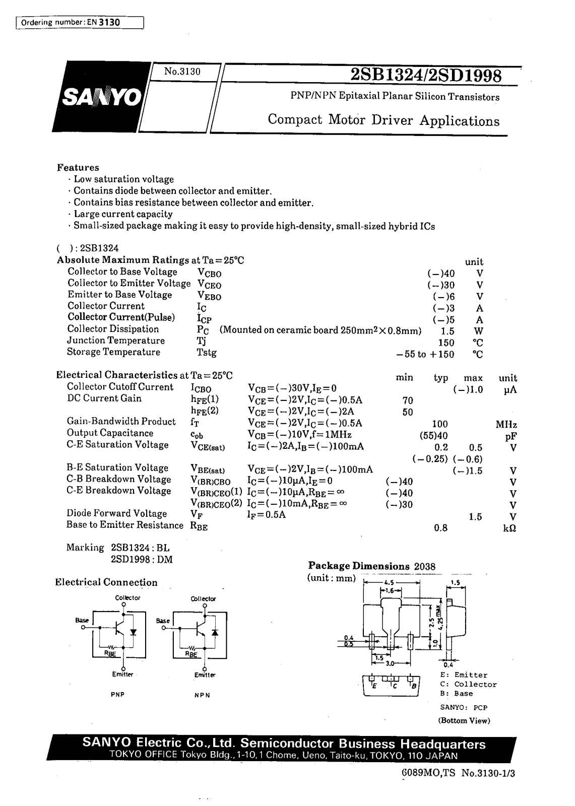 SANYO 2SD1998, 2SB1324 Datasheet