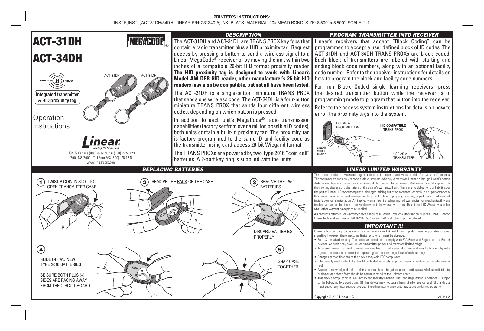 Linear ACT-31DH, ACT-31DHC, ACT-34DH, ACT-34DHC Owner's Manual