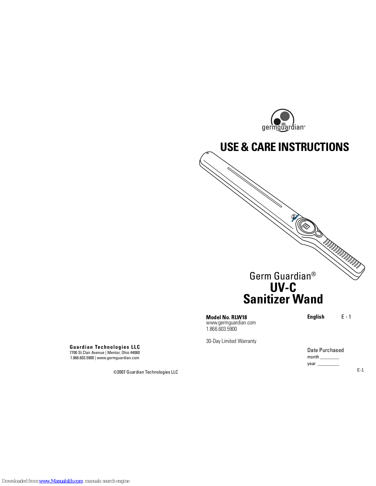 Guardian Germ Guardian RLW18 Use & Care Instructions Manual