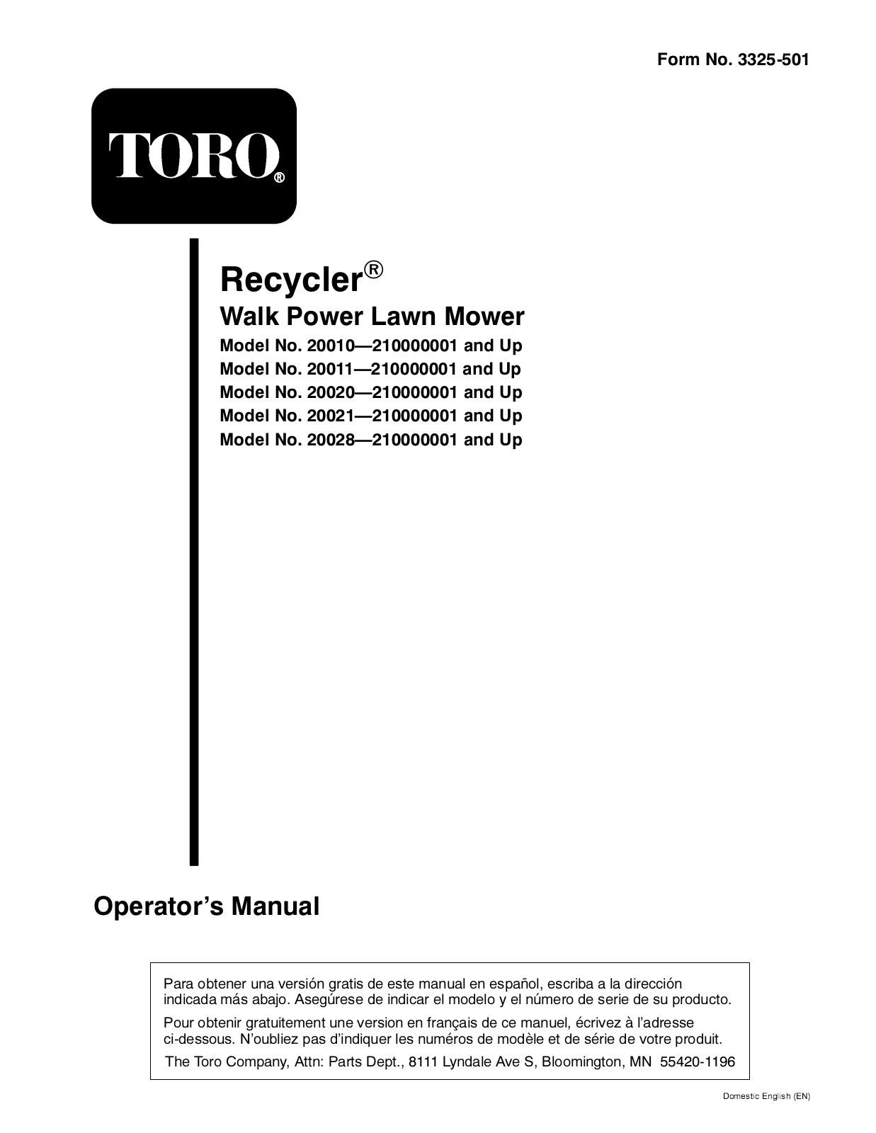 Toro 20010, 20011, 20020, 20021, 20028 Operator's Manual