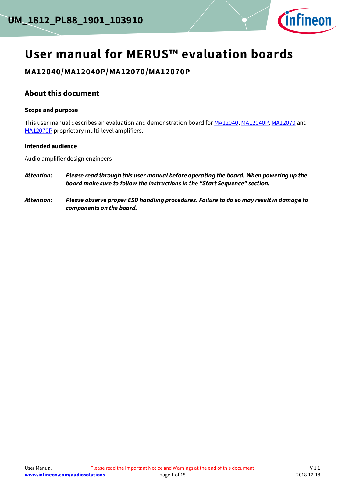 Infineon MA12040, MA12040P, MA12070, MA12070P User Manual