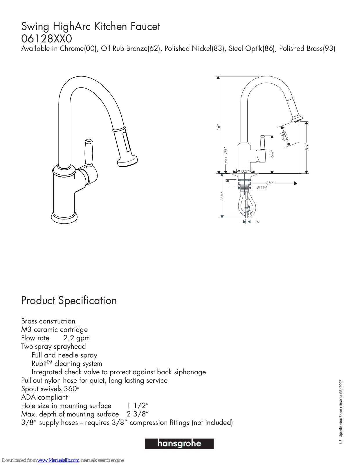 Hansgrohe 06128000, 06128620, 06128860, 06128930 Product Specification