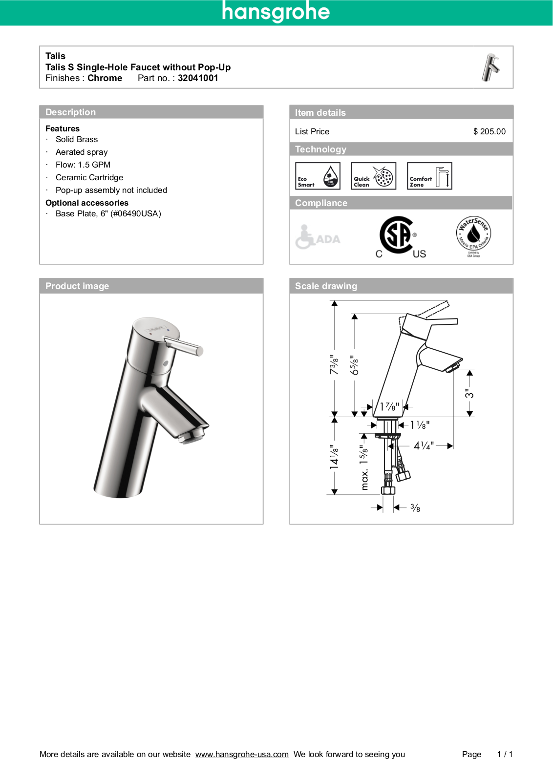 Hansgrohe 32041001 Specs