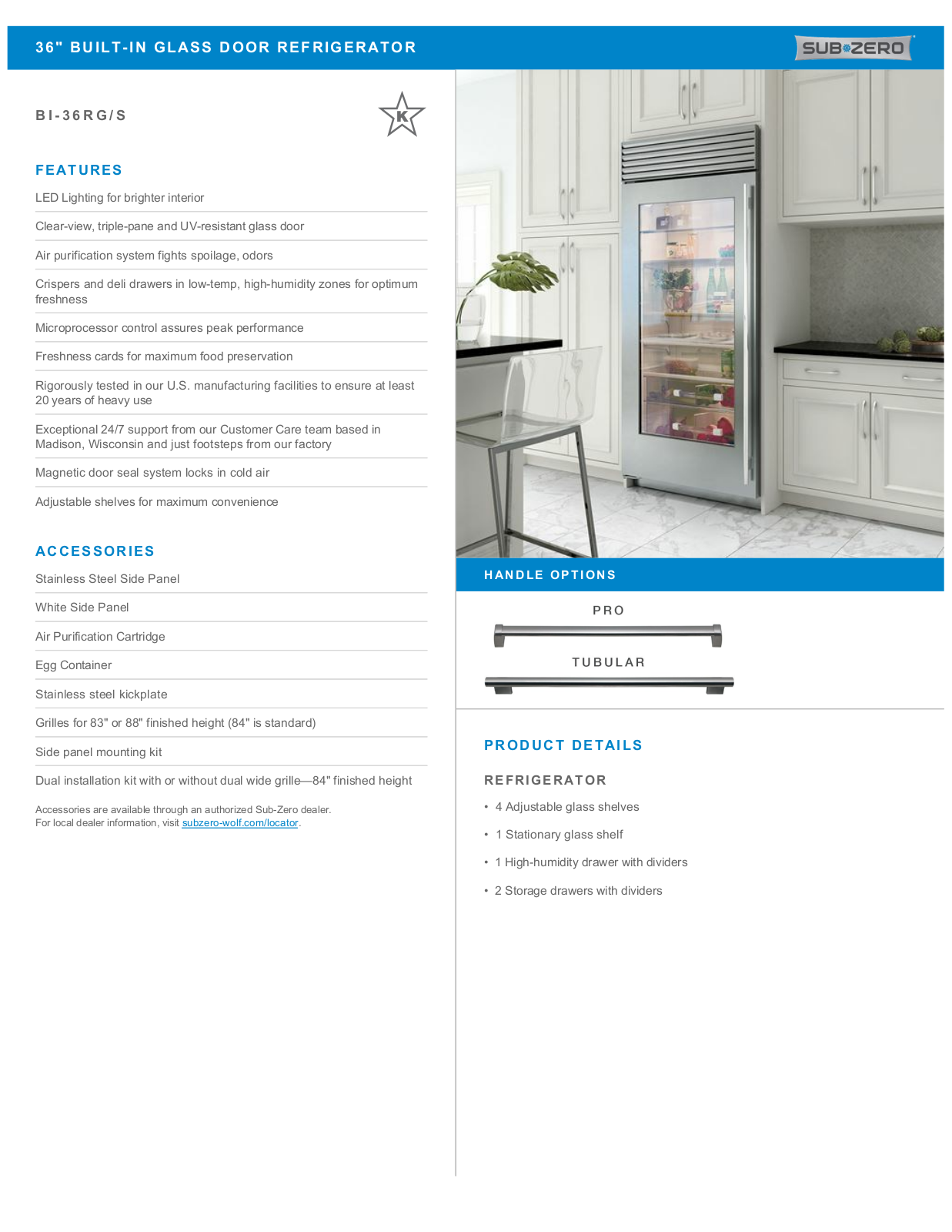 Sub-Zero BI36RGSTHRH, BI36RGSPHLH, BI36RGSTHLH, BI36RGSPHRH Specification Sheet