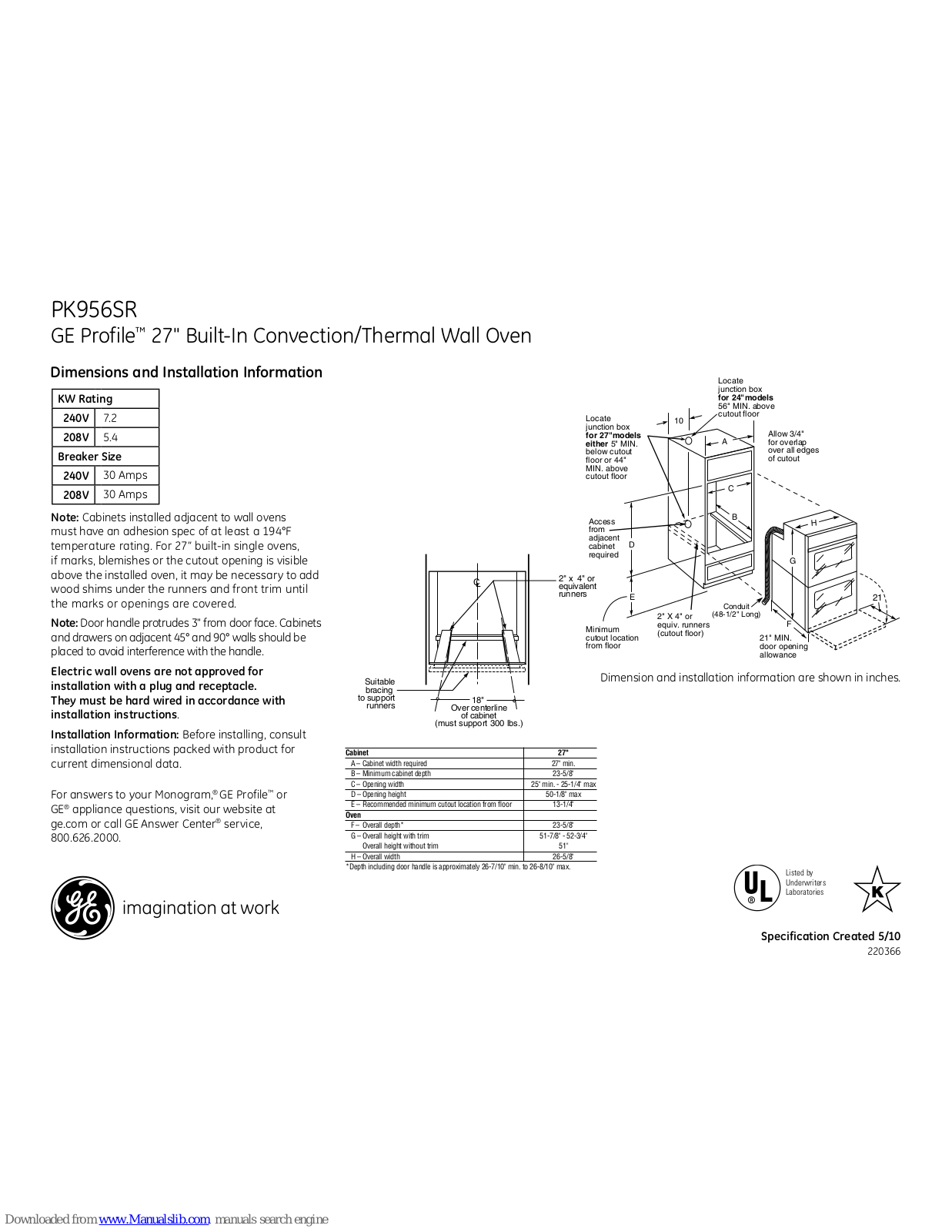 GE Profile PK956SRSS, Profile PK956SR Dimensions And Installation Information